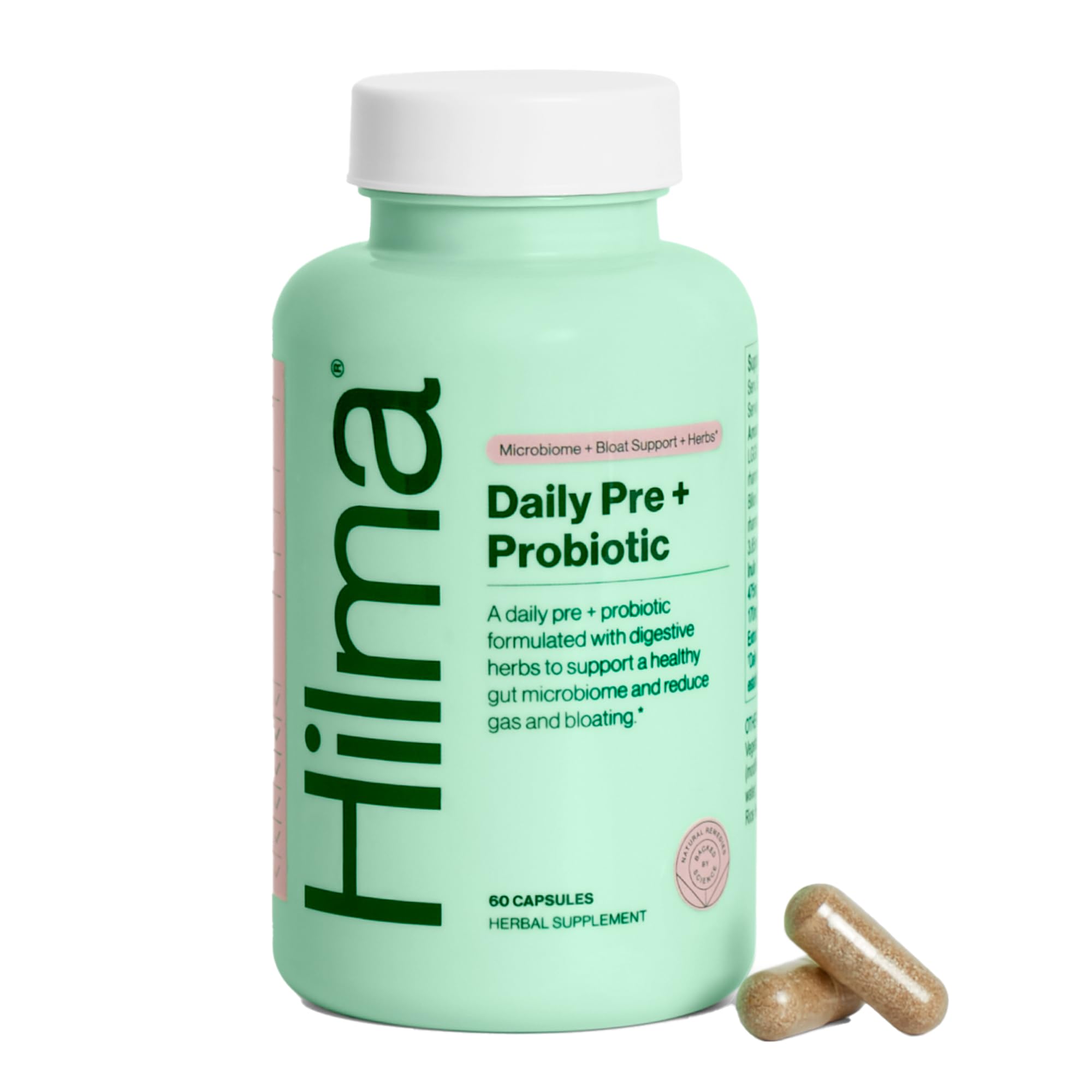 Hilma Pré et Probiotique – bouteille montrant la formule pour une digestion harmonieuse.