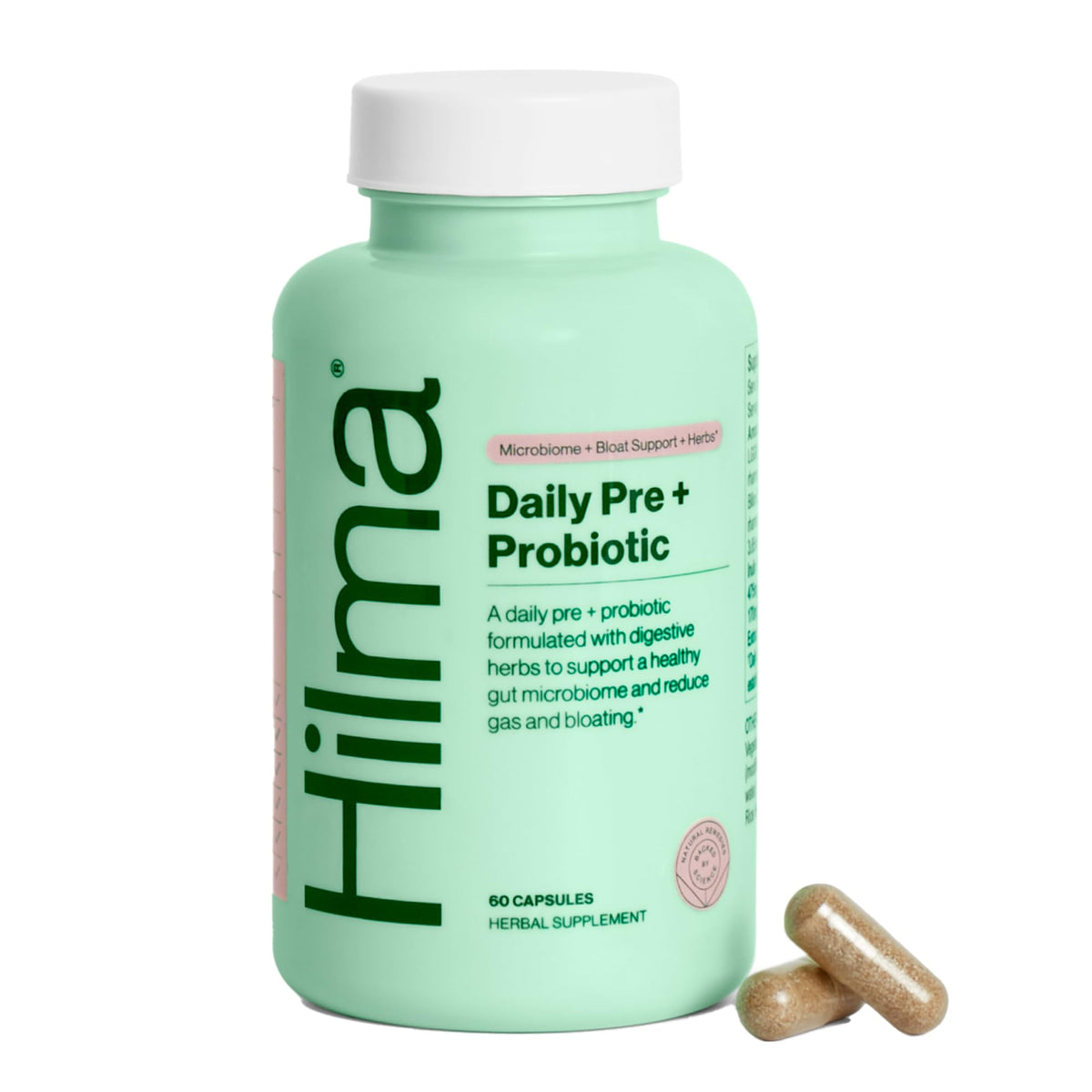 Hilma Pré et Probiotique – bouteille montrant la formule pour une digestion harmonieuse.