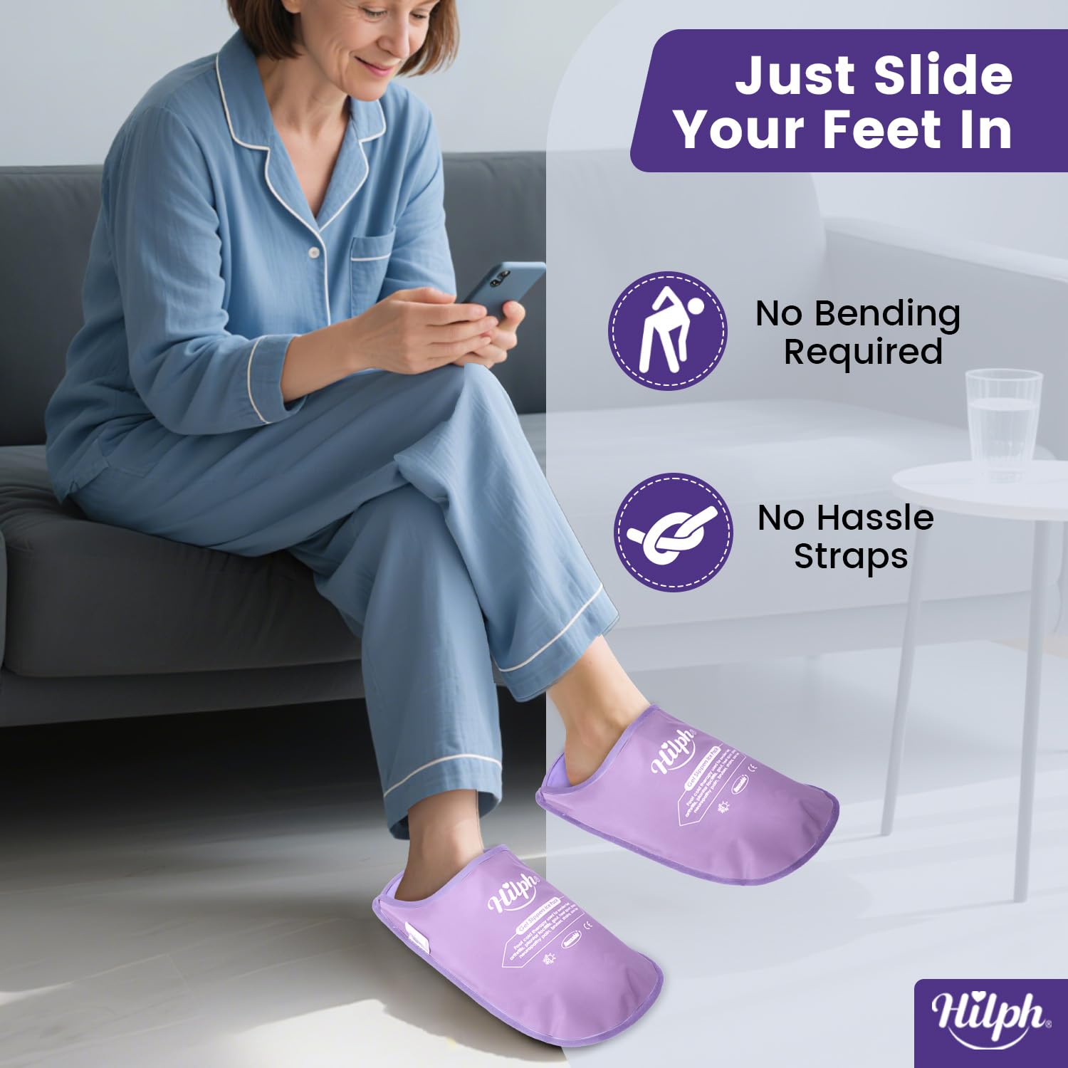 Hilph pantoufles glace pied application facile — port sans effort et confort immédiat.