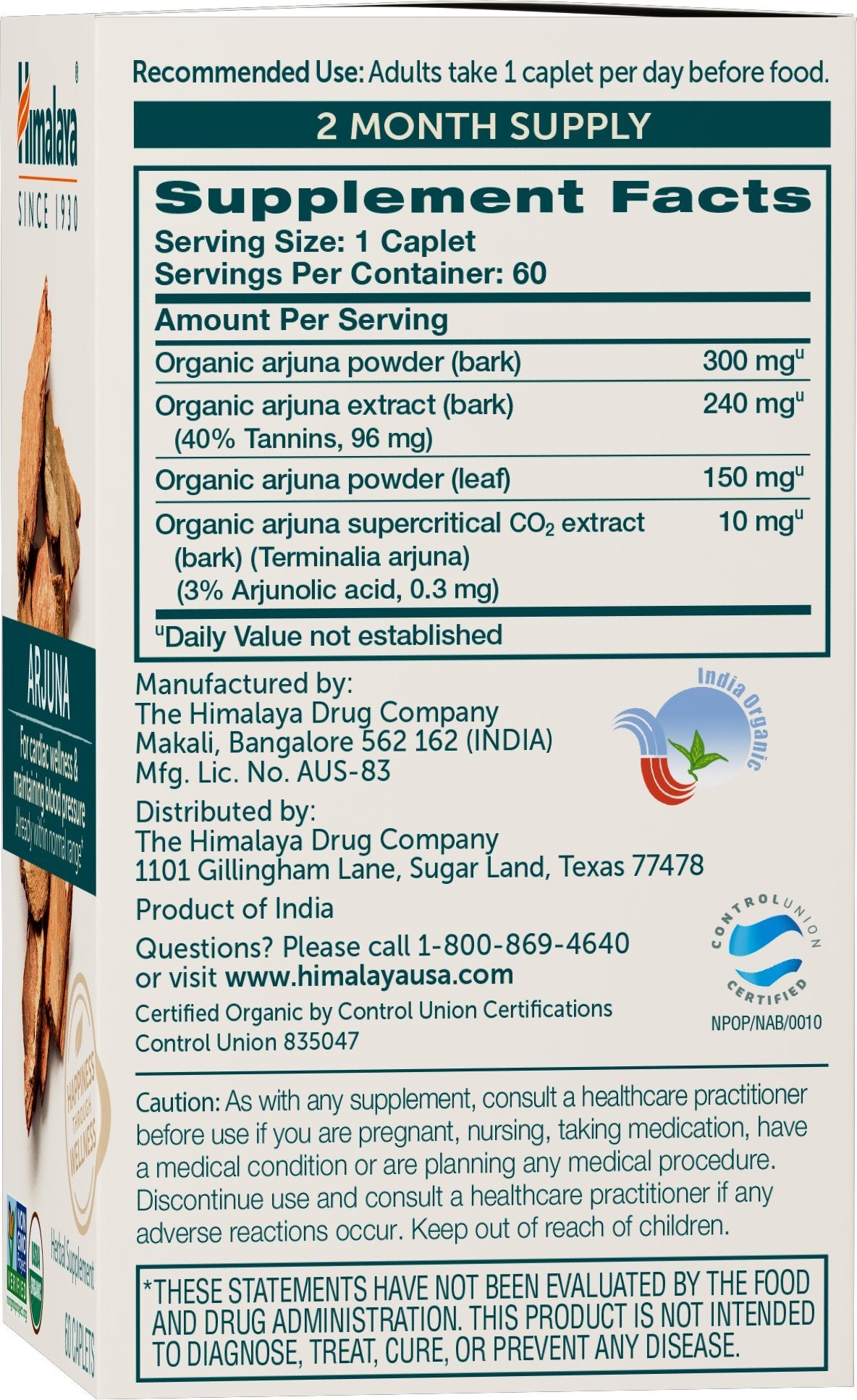 Himalaya Arjuna: étiquette bio USDA indiquant l’origine naturelle