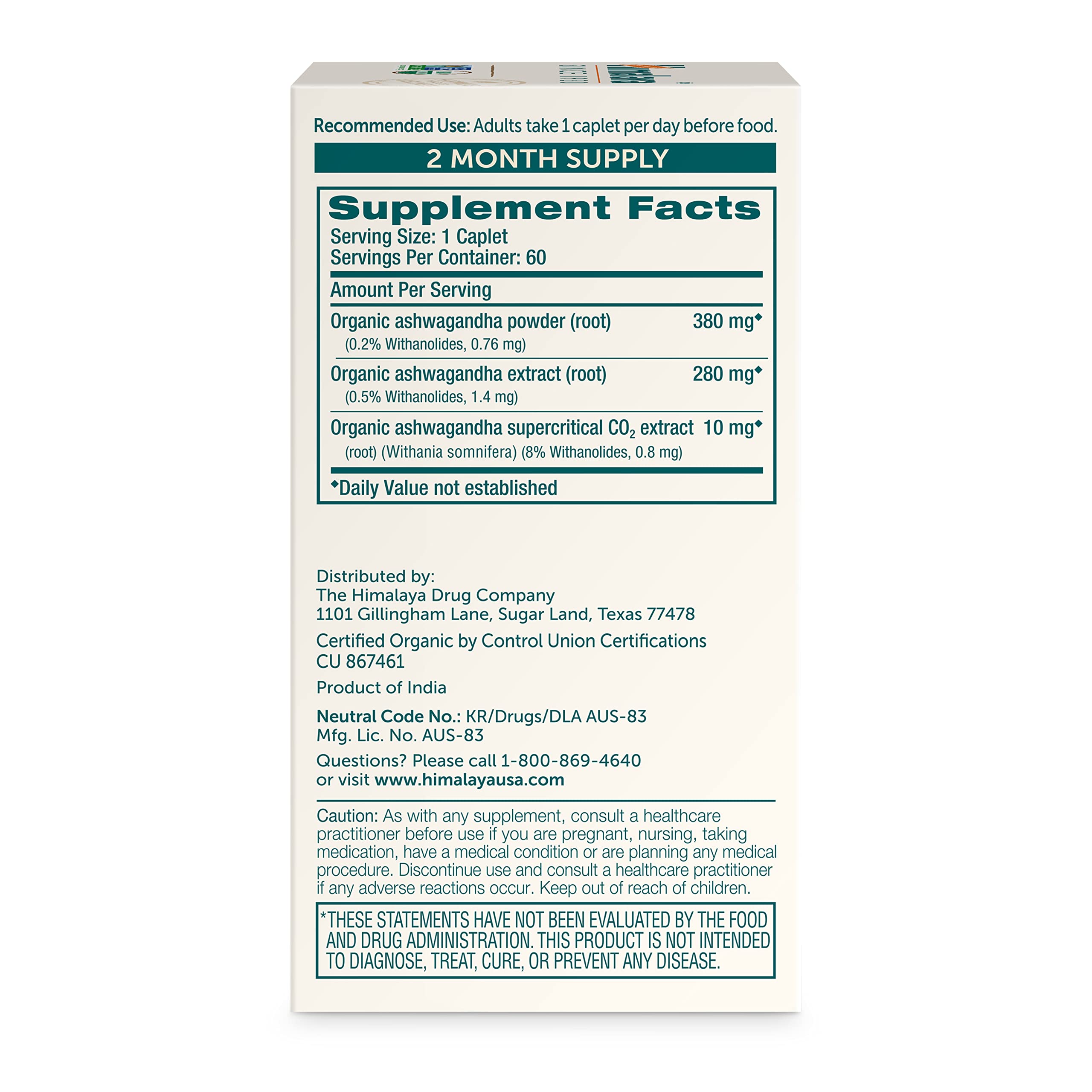Caplets Himalaya Ashwagandha 670 mg selon dosage quotidien.