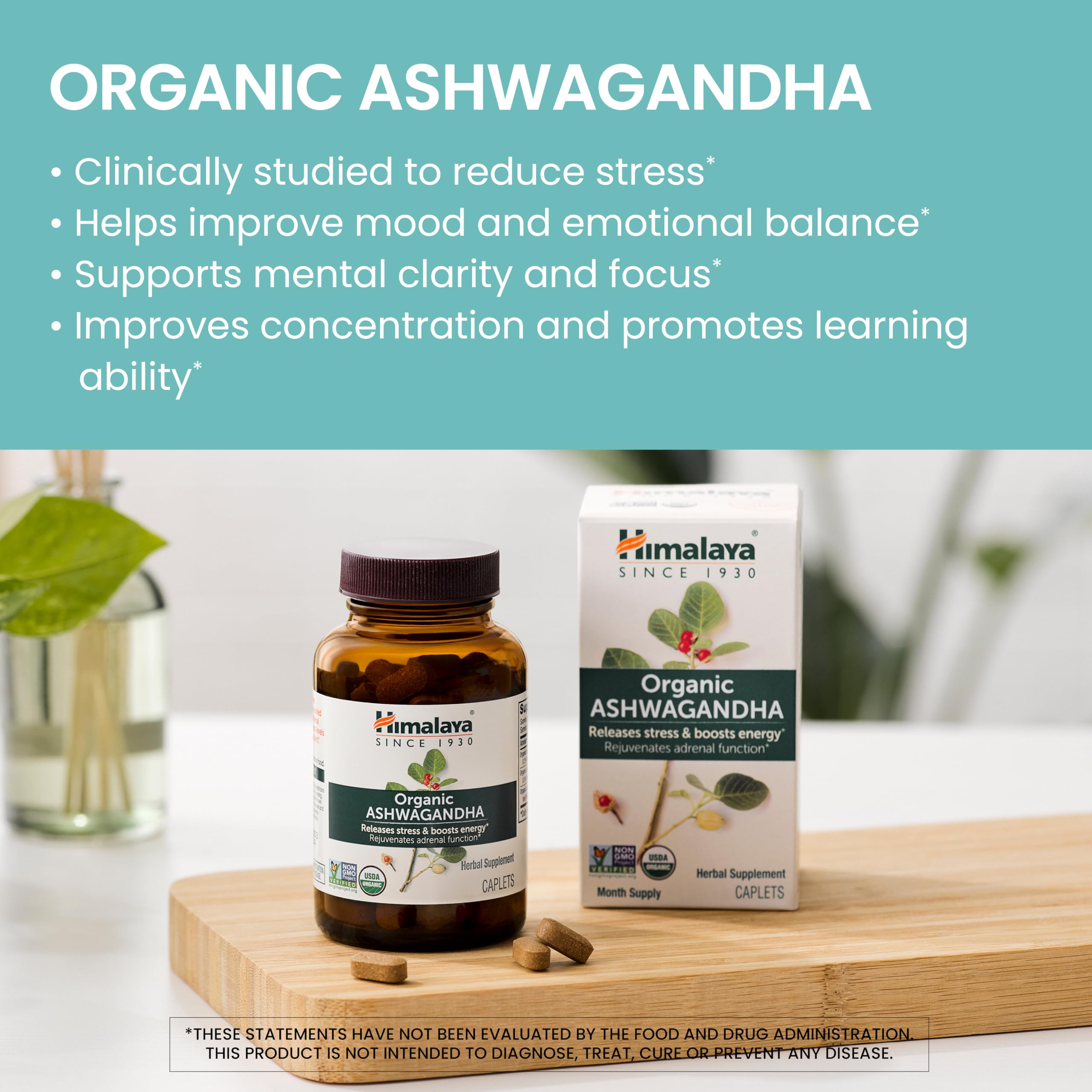 Étiquette Himalaya Ashwagandha bio et certifications.