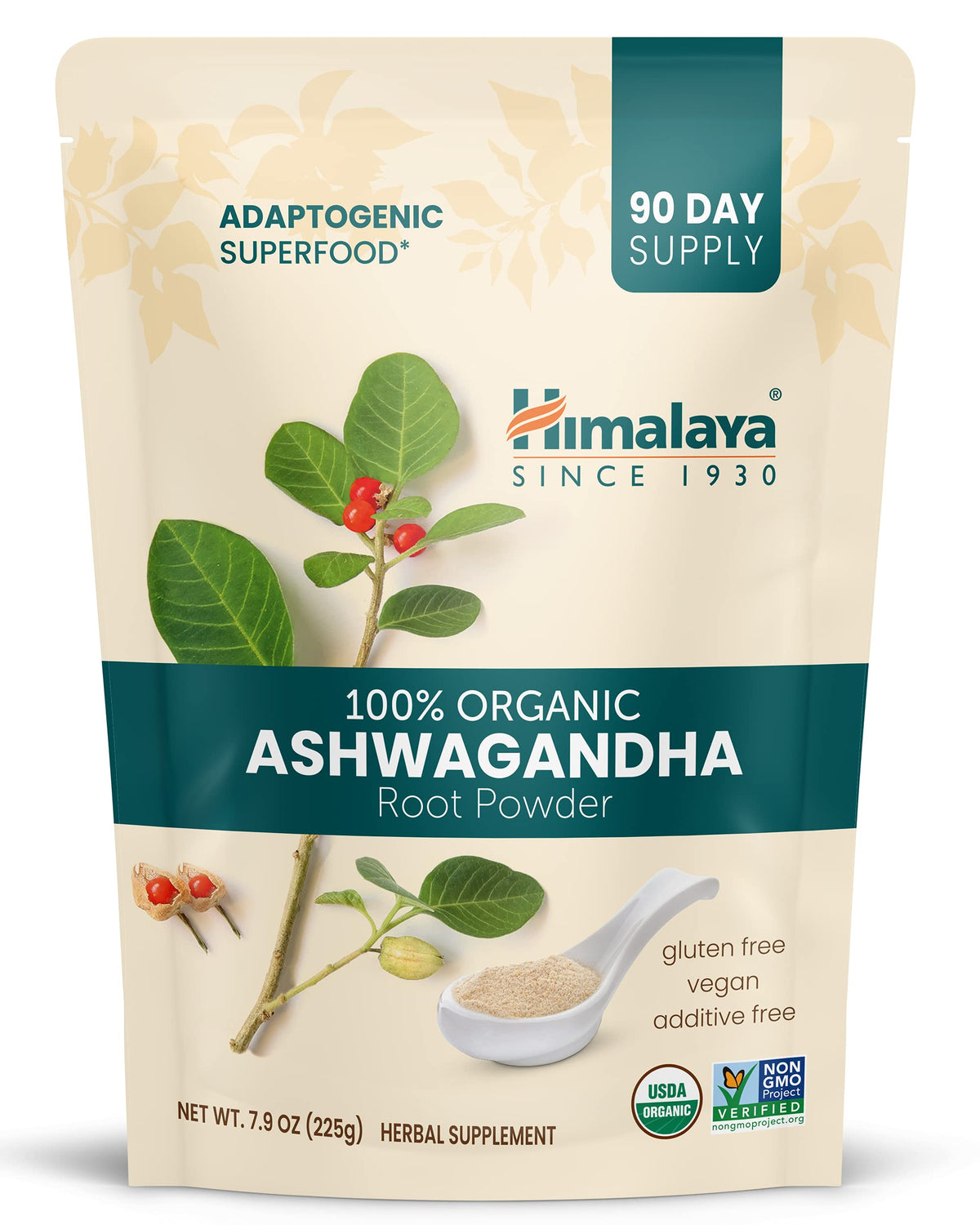 Himalaya Ashwagandha en poudre biologique dans un sachet, usage quotidien possible.