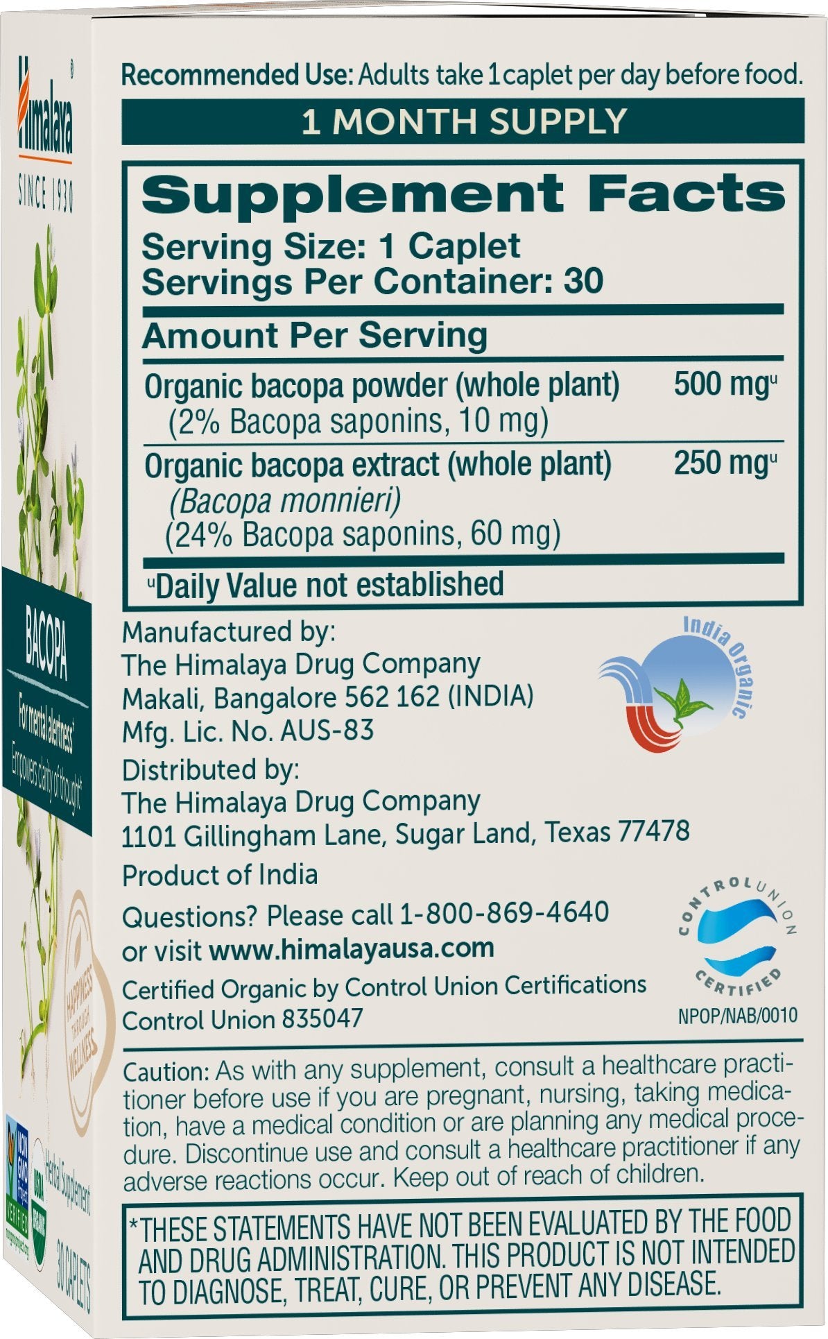 Himalaya Bacopa Monnieri – emballage principal: formule bio et végan pour un choix éthique.