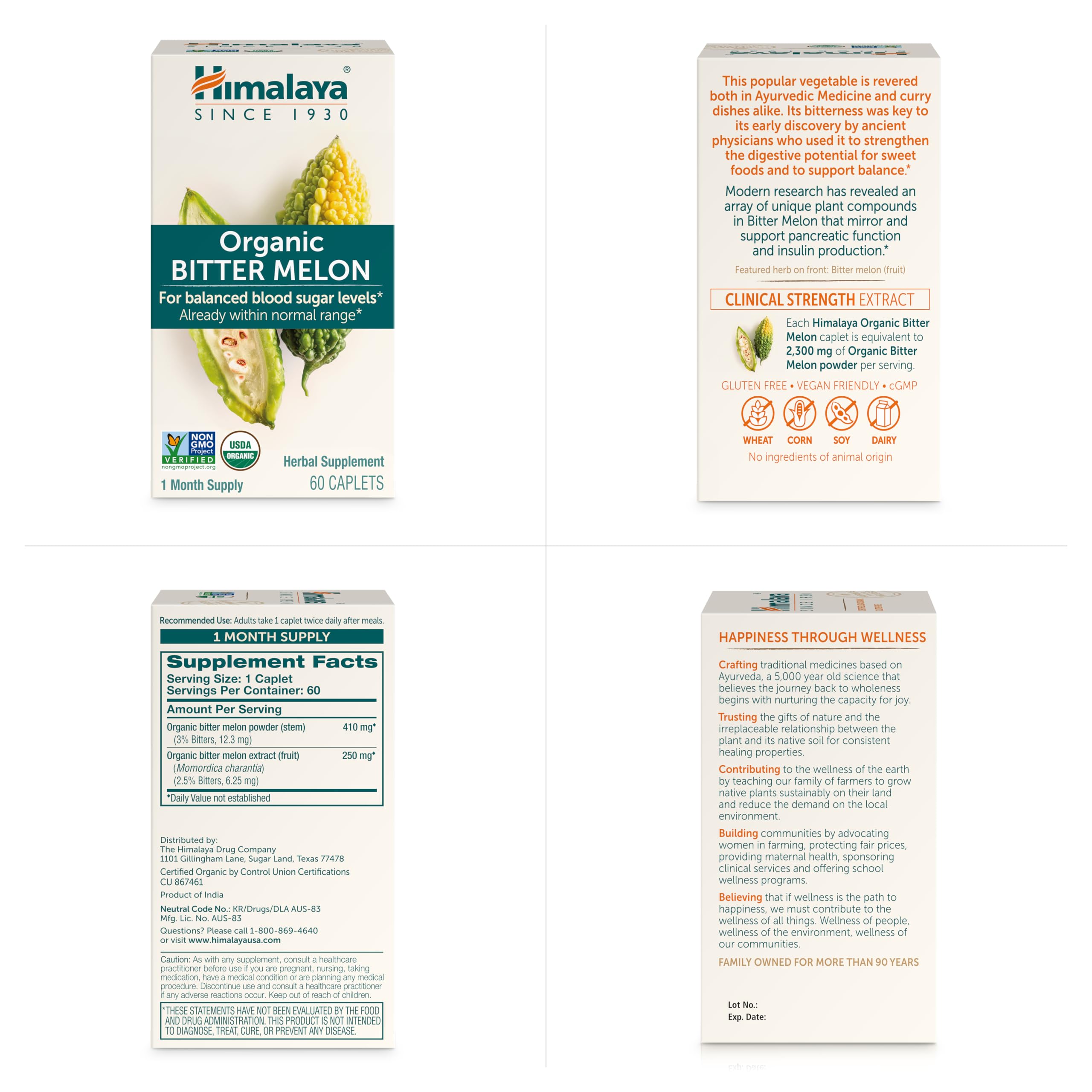 Himalaya Bitter Melon certifié USDA Organic et végan, présentation et étiquette lisible.