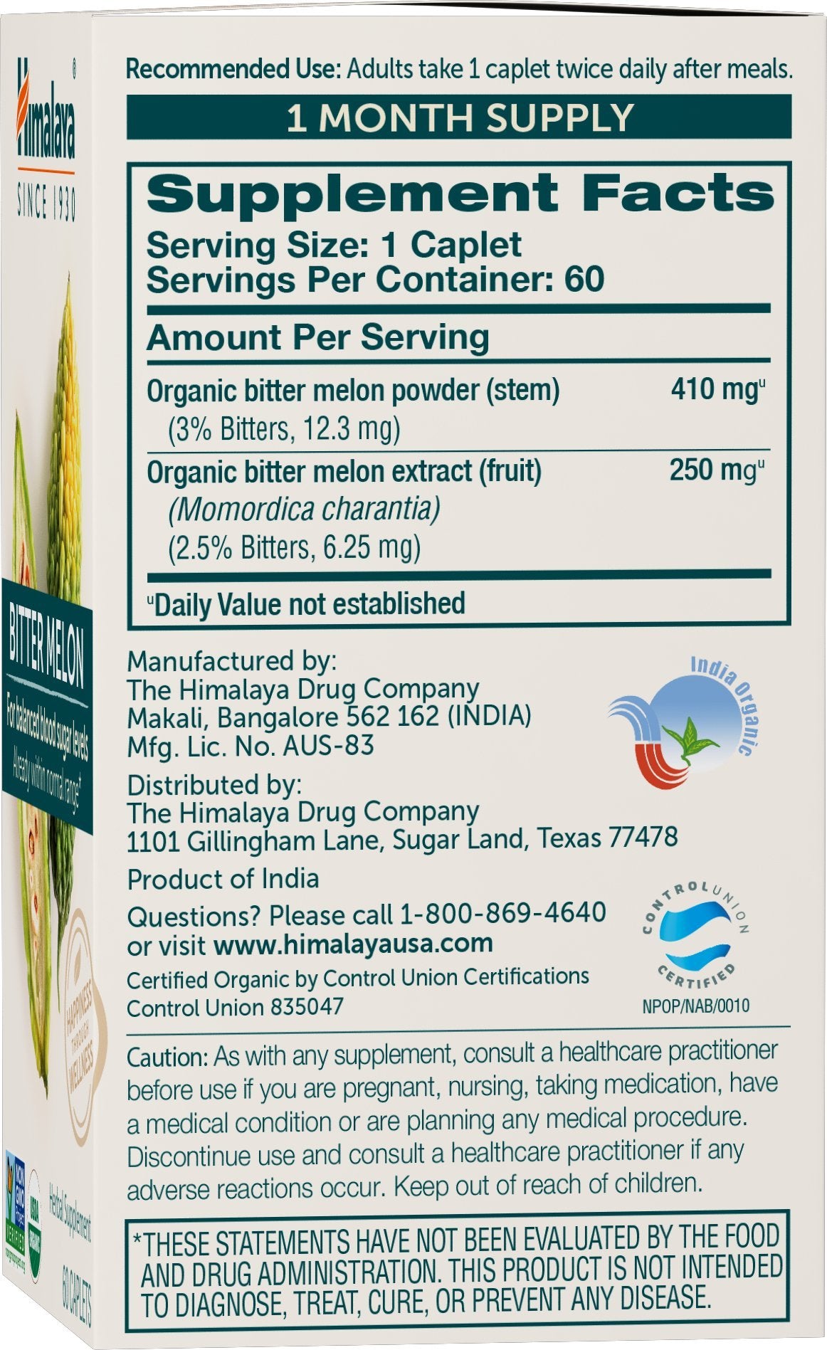 Étiquette Himalaya Bitter Melon affichant USDA Organic et végan pour une sélection consciente.