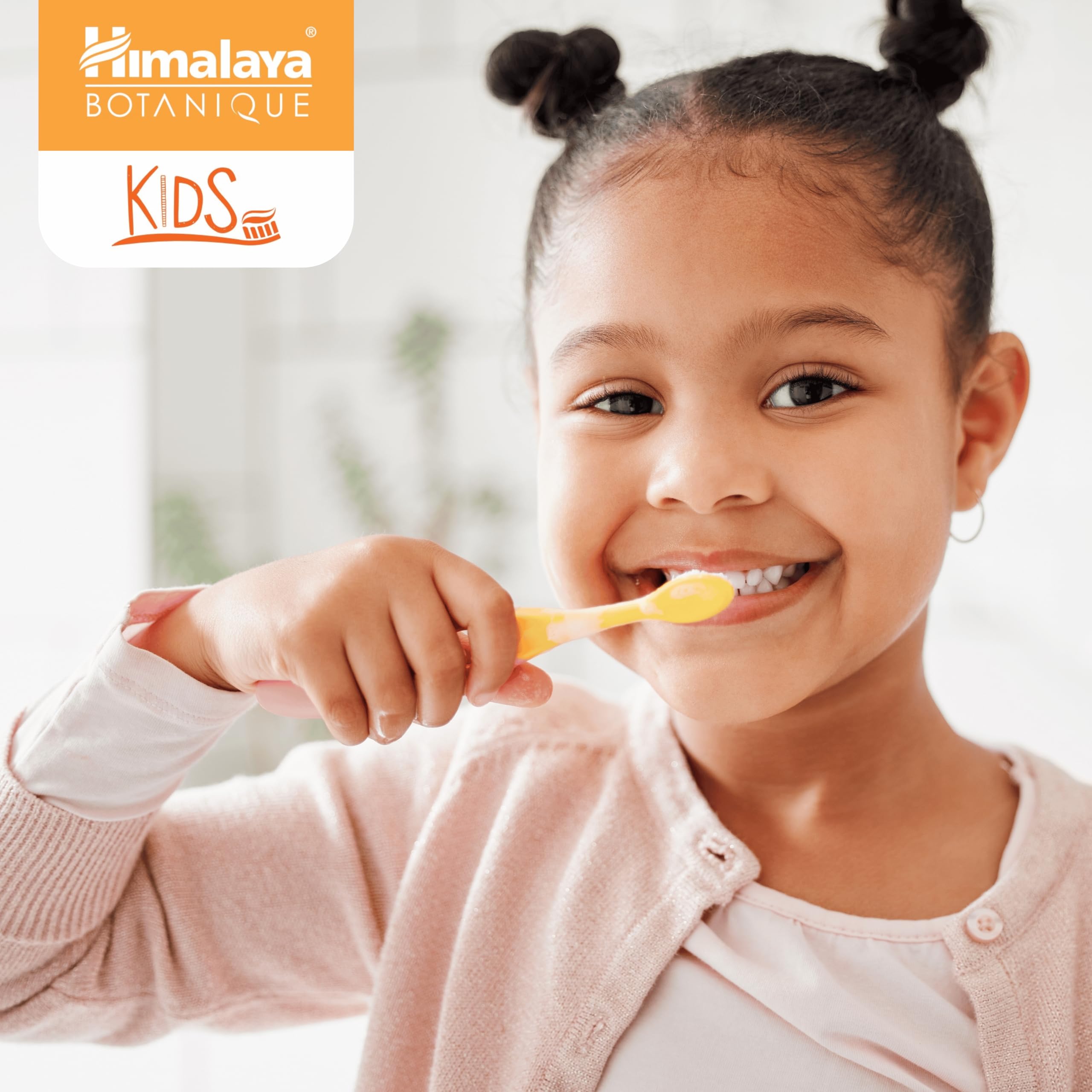 Dentifrice Himalaya Botanique enfants orange; sans colorants artificiels et gluten, formulation vegan.