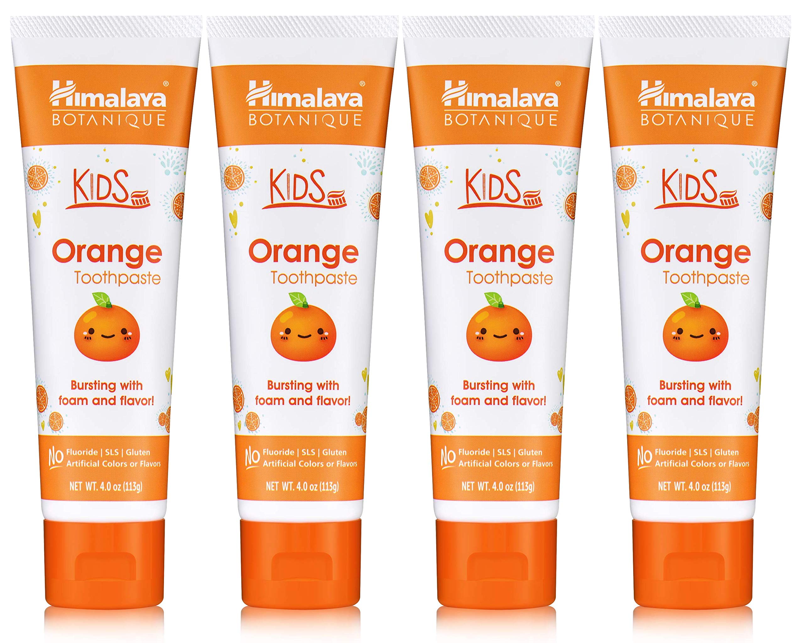 Dentifrice Himalaya Botanique pour enfants à saveur orange dans un tube pratique.