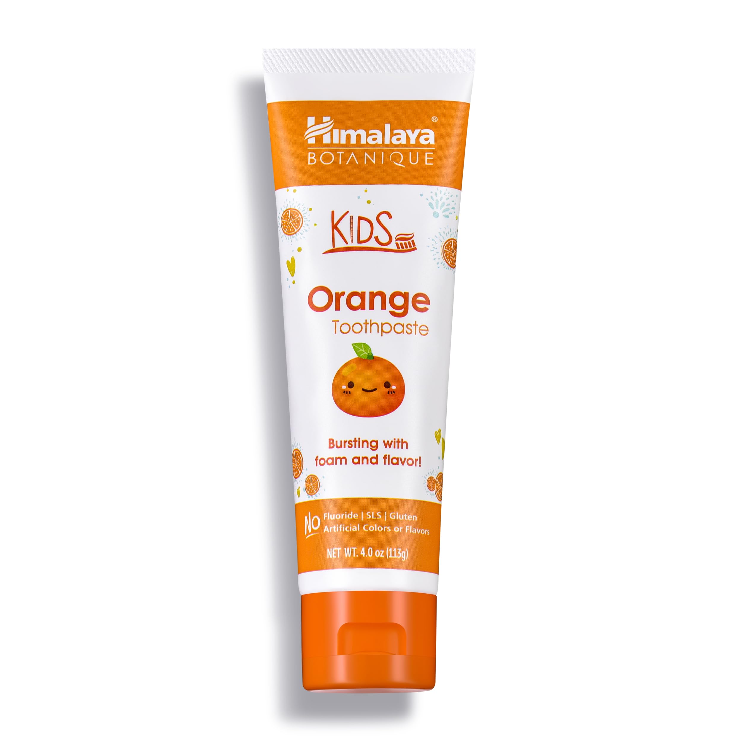 Dentifrice Himalaya Botanique pour enfants orange; tube visible, brossage doux sans fluorure.
