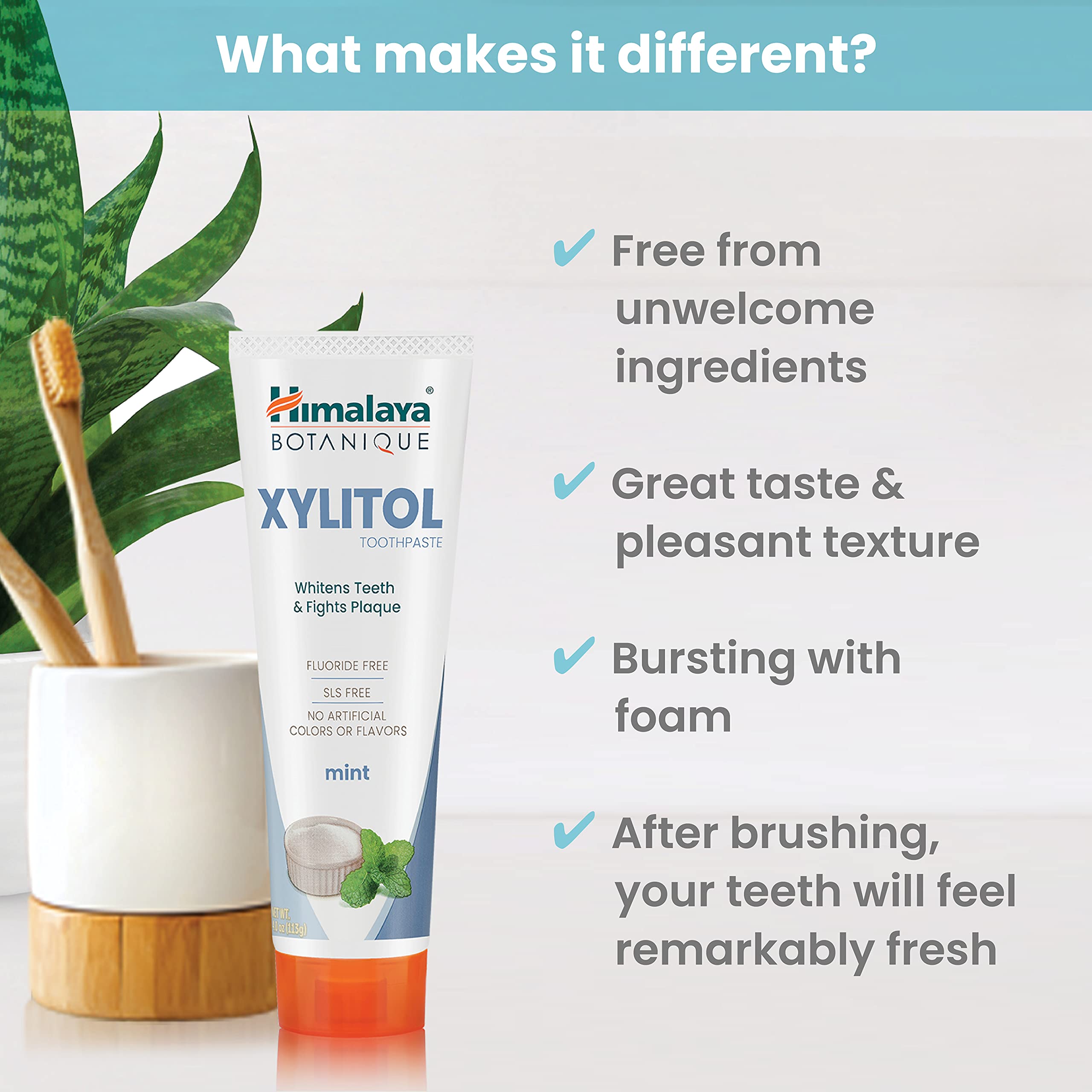 Dentifrice Himalaya Botanique Xylitol - ingrédients botaniques pour atténuer les taches.