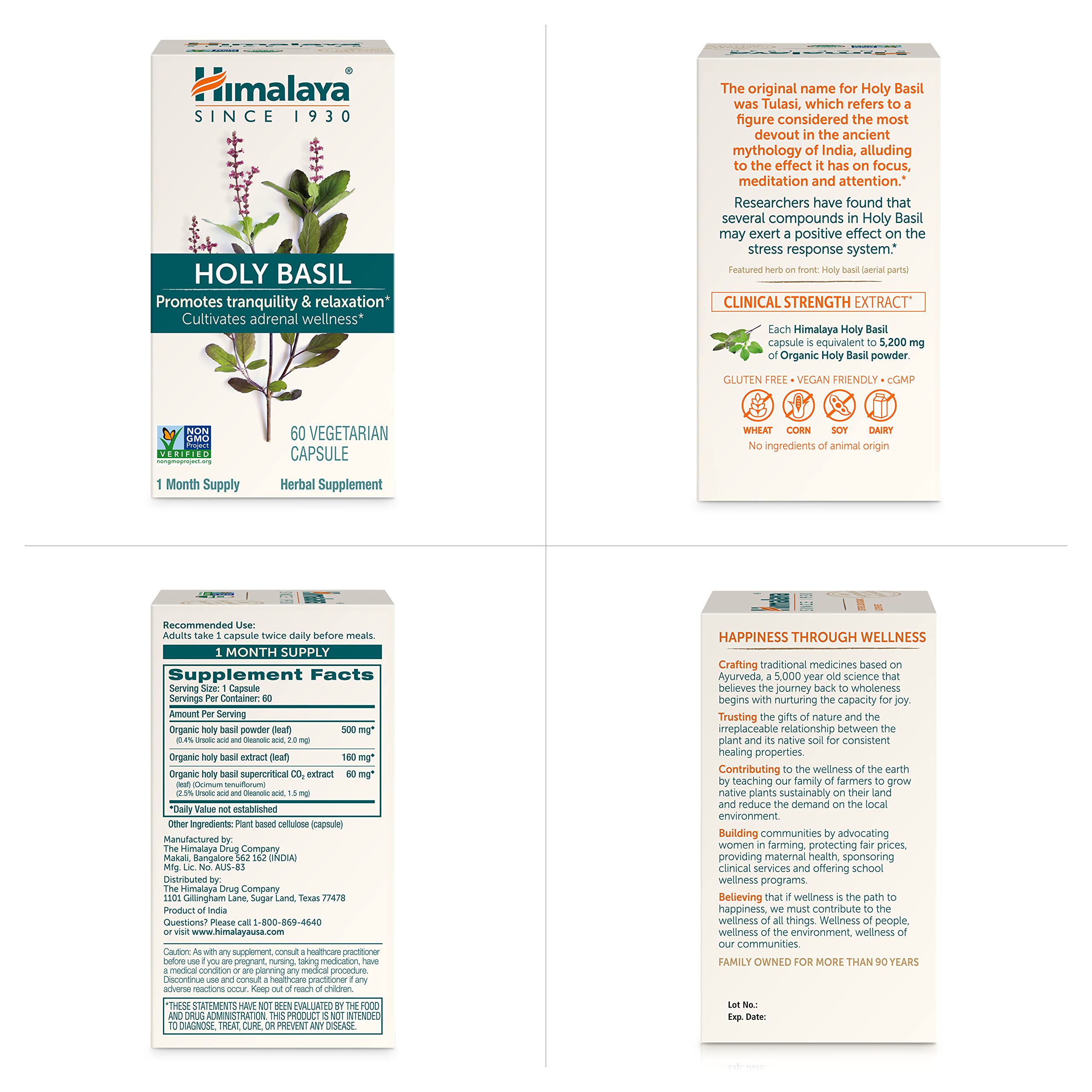 Flacon Himalaya Holy Basil, produit végan et sans OGM.