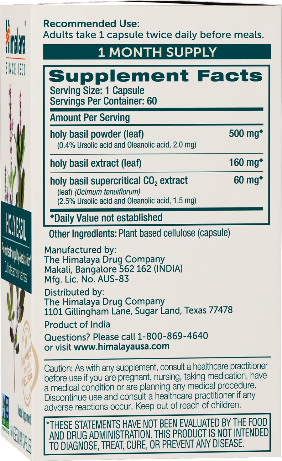 Capsules Himalaya Holy Basil visibles, prise rapide pour calmer le stress.