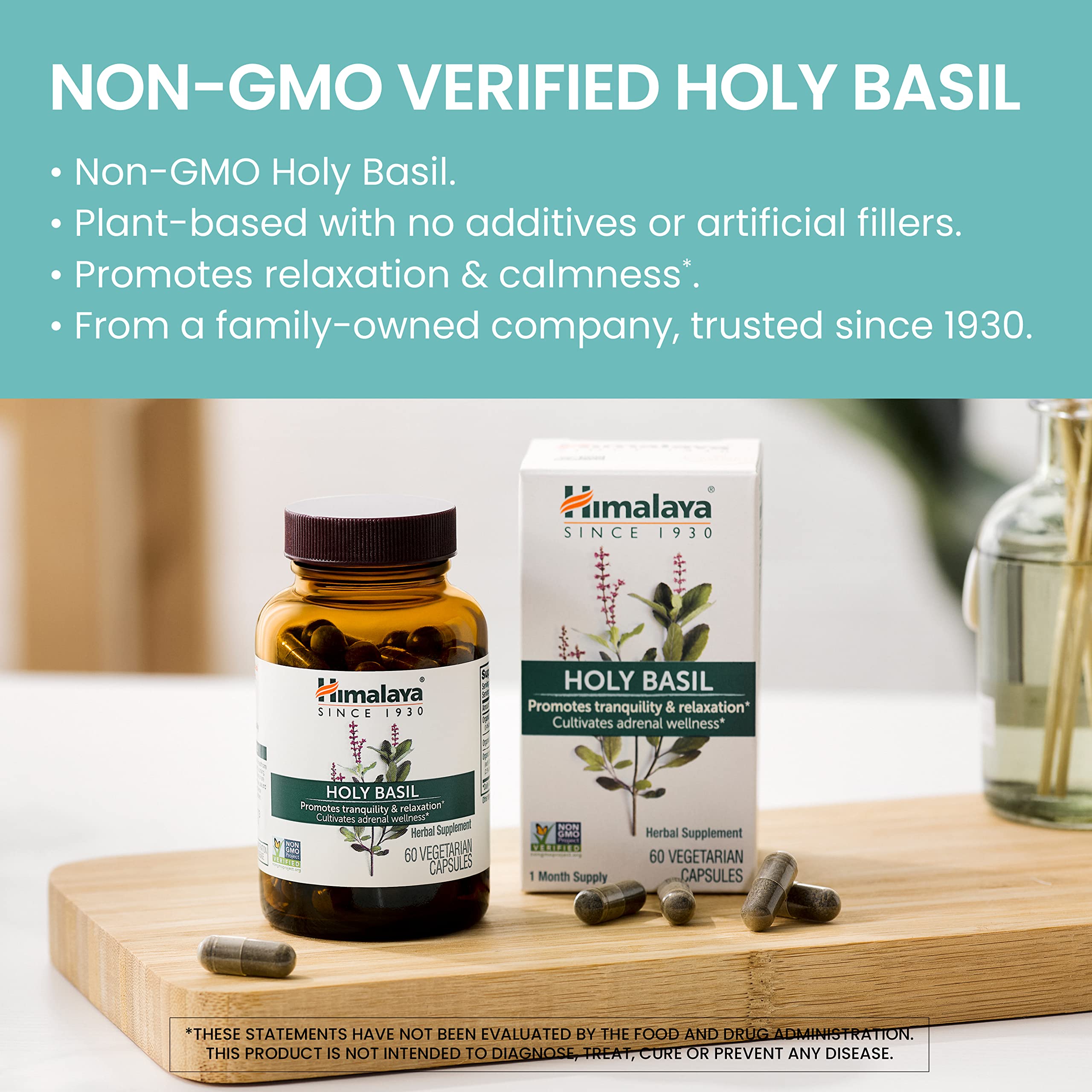 Gélules Himalaya Holy Basil visibles sur fond neutre, présentation simple et pratique.