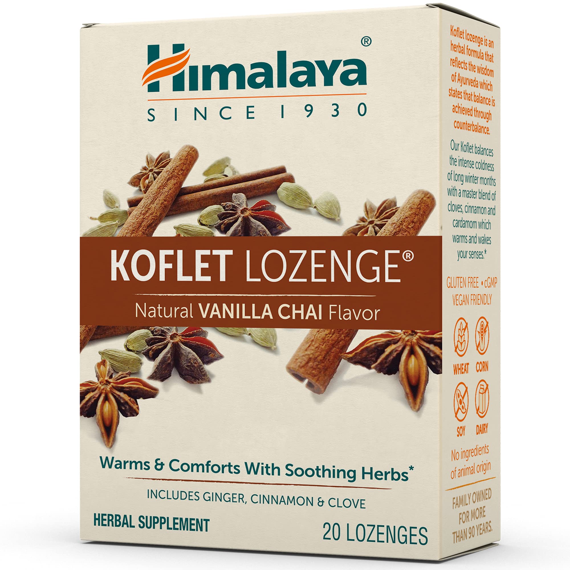 Himalaya Koflet pastilles vanille chai emballage individuel pour déplacement.