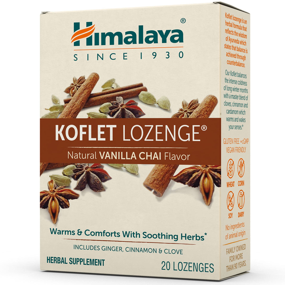 Himalaya Koflet pastilles vanille chai emballage individuel pour déplacement.
