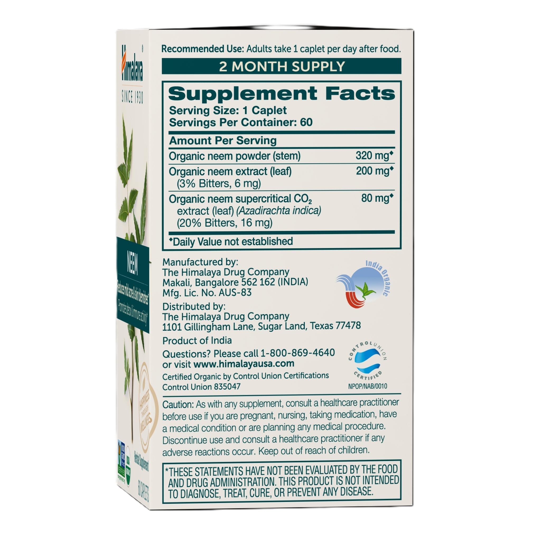 Himalaya Neem – étiquette certifiée biologique par l’USDA.