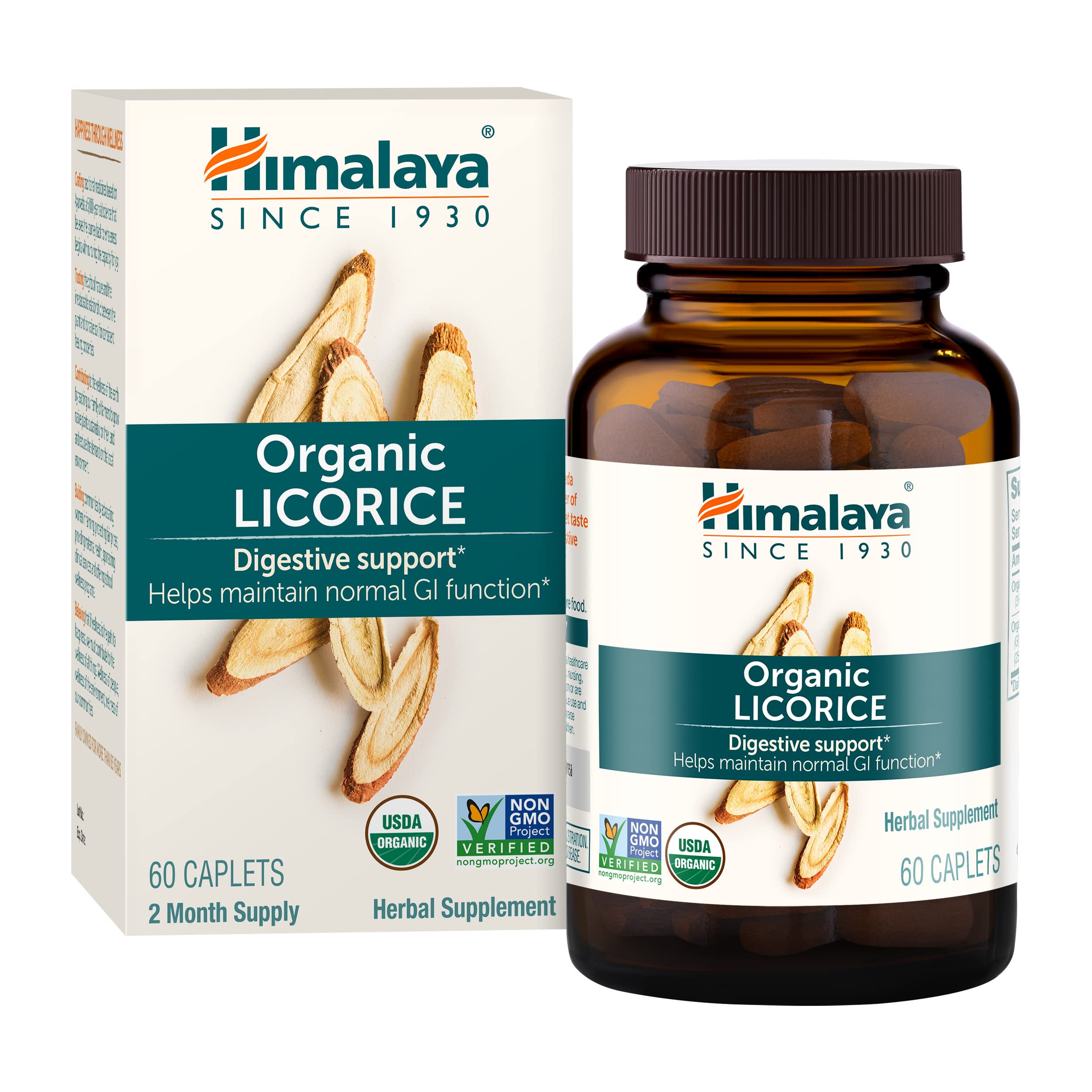 Himalaya Réglisse biologique, bouteille de capsules, soutien digestif occasionnel après repas.