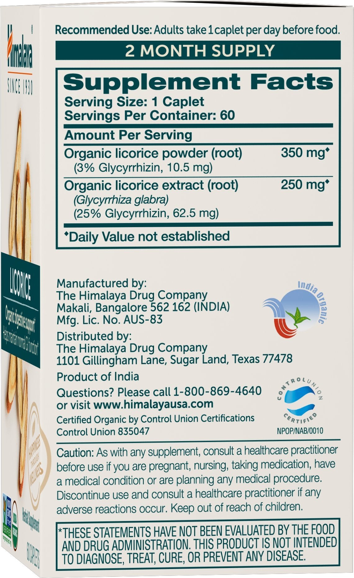 Emballage Himalaya Réglisse biologique avec certifications bio et végan visibles.