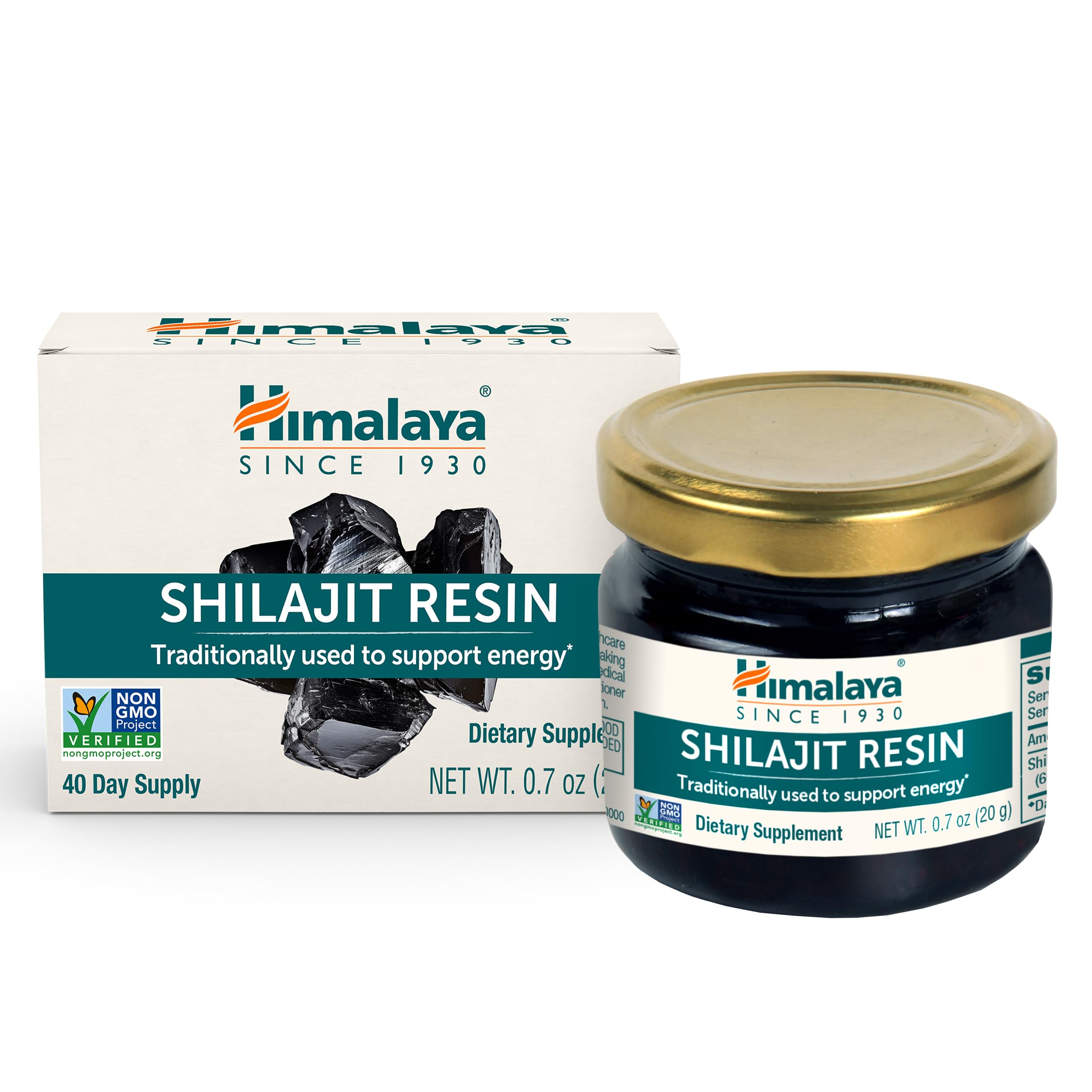 Himalaya Shilajit Résine dans son bocal de 20 g pour une utilisation quotidienne.