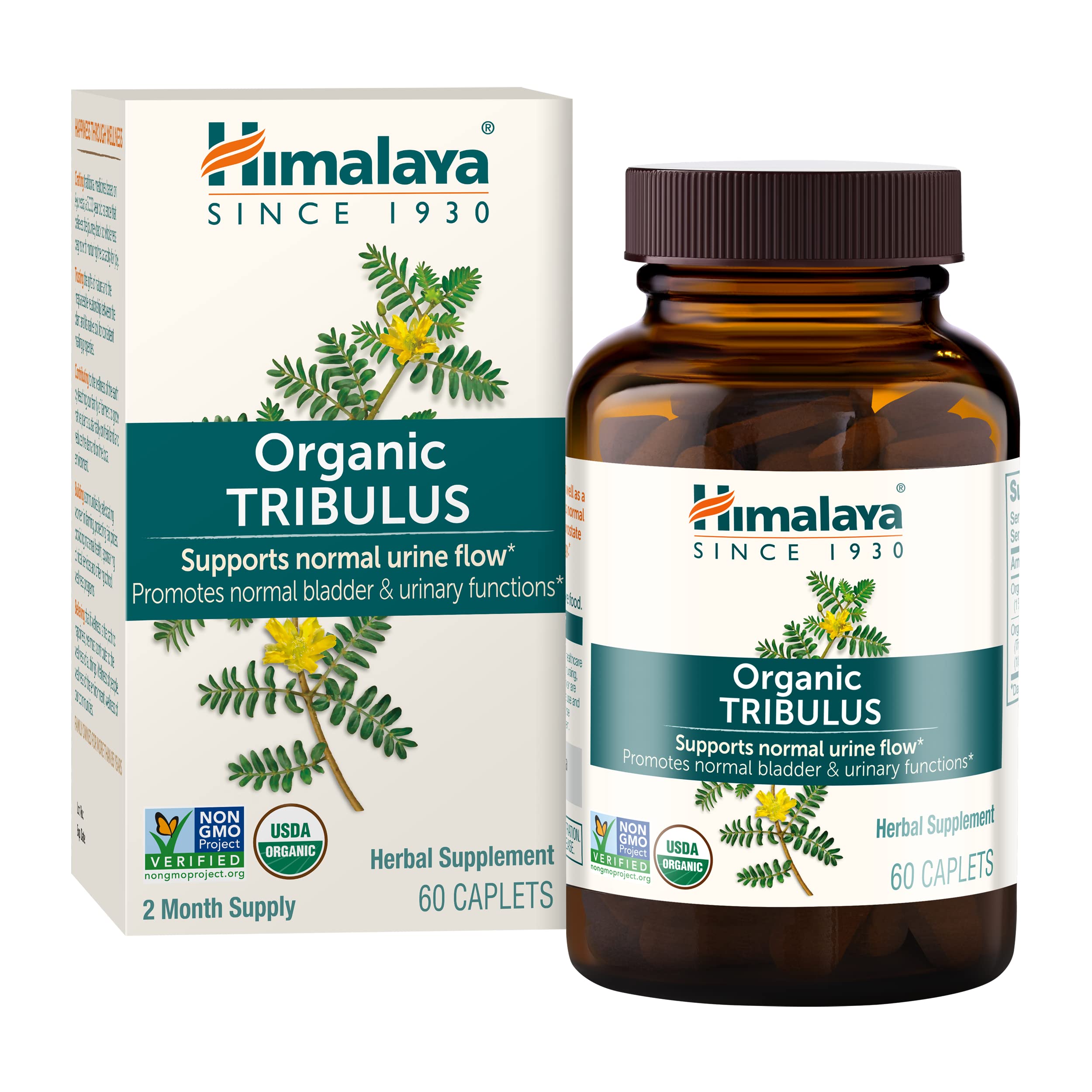 Himalaya Tribulus Terrestris: bouteille montrant le dosage quotidien et la facilité d'utilisation