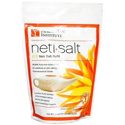 Neti Pot Himalayan Institute, sac de sel, pratique d'irrigation nasale douce et efficace.
