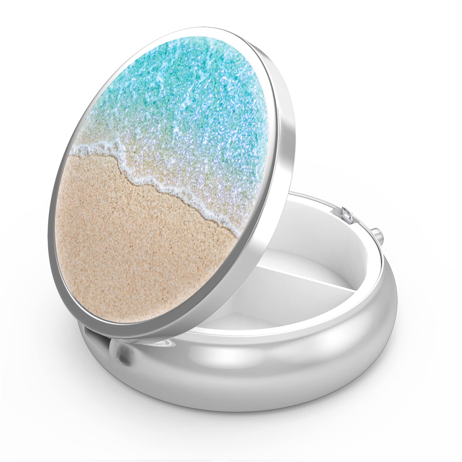 Boîte Hion bleu océan avec motif artistique, idéale pour ranger pilules et vitamines.