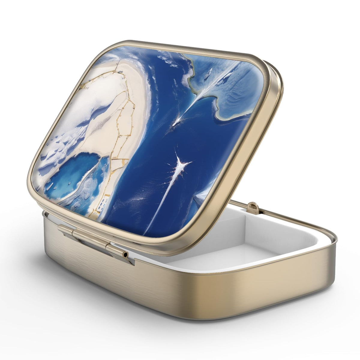 Boîte à pilules Hion avec miroir rétro bronze pour voyage pratique.