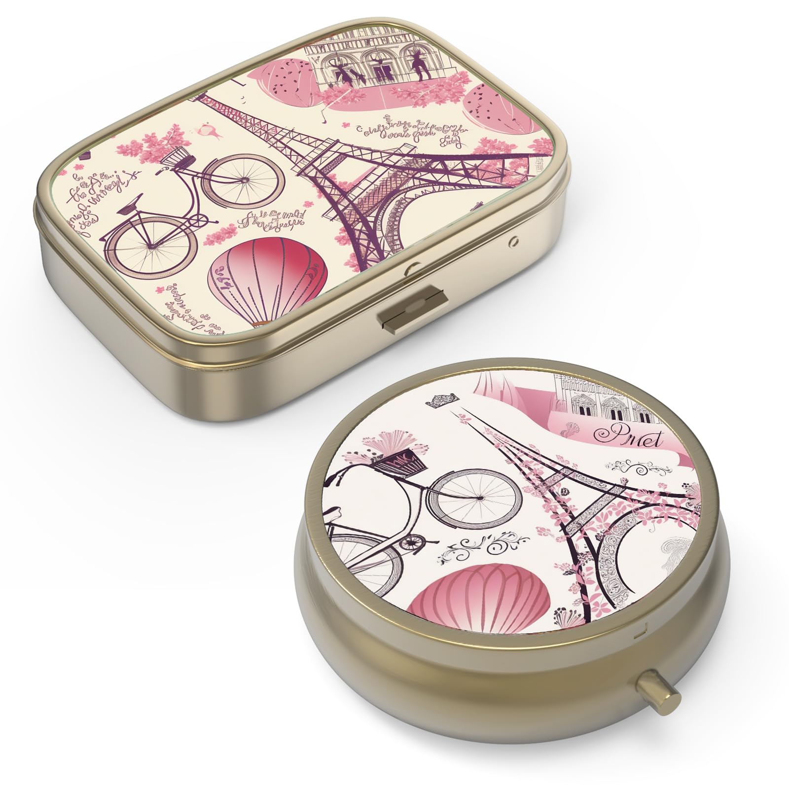 Boîte à pilules Hion avec miroir rétro bronze – miroir intégré pratique pour le voyage.