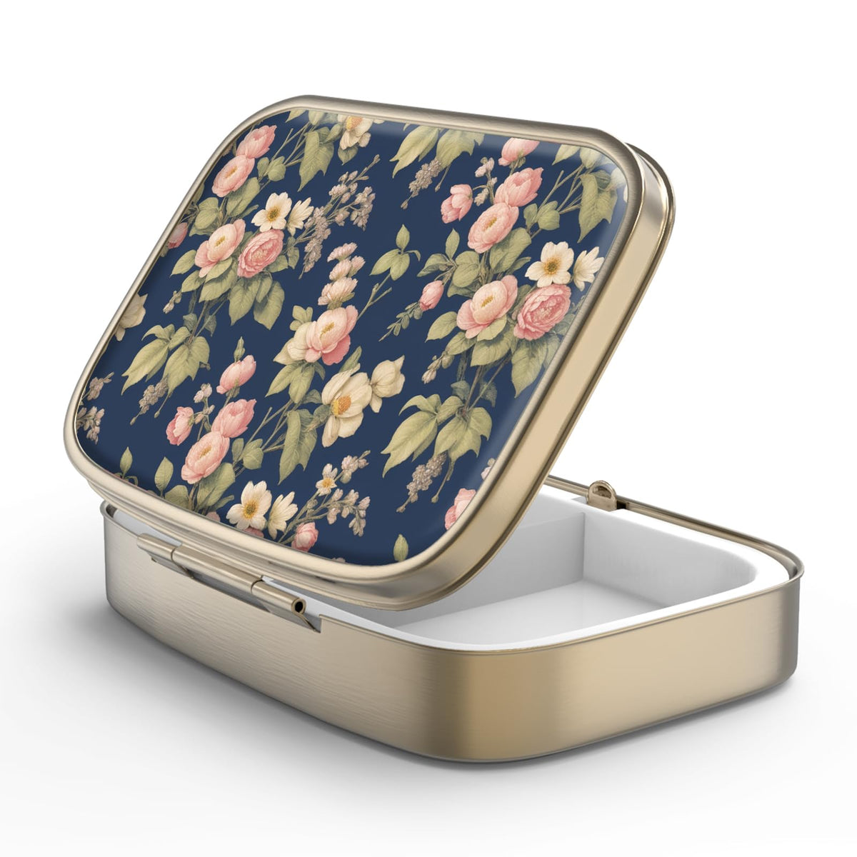Boîte à pilules Hion avec miroir rétro et motif rose fleuri, pratique et élégante.