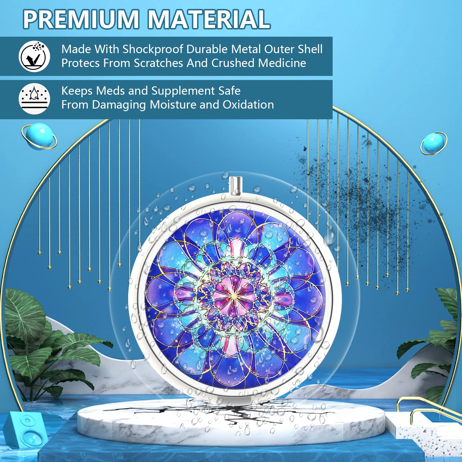 Boîte à pilules Hion motif mandala bleu marine, rangement élégant et pratique