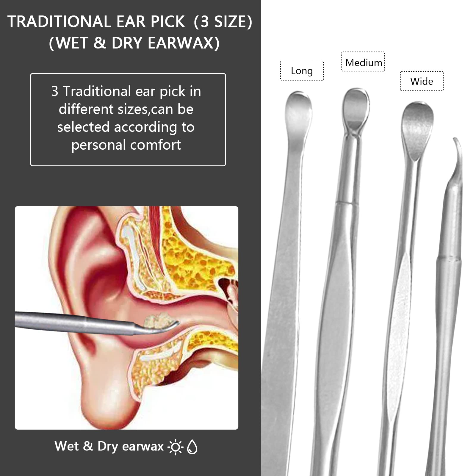 Curettes oreille variées Hion, têtes adaptées pour différentes situations d'oreille.