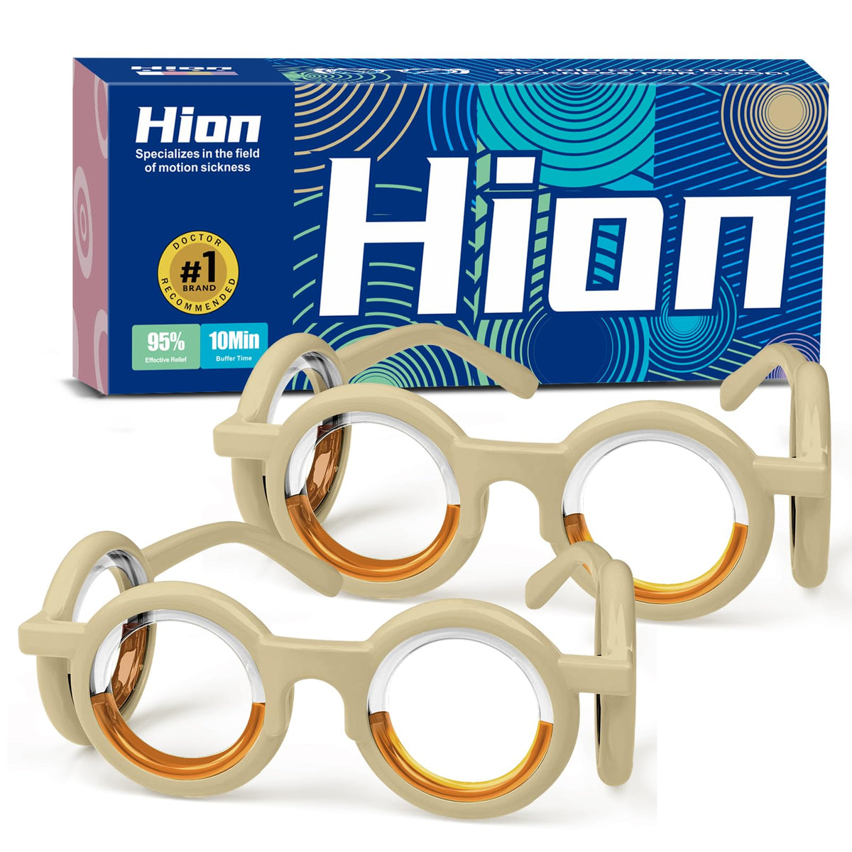 Lunettes Hion anti-mal des transports crème, 2 paires pliables pour voyager.