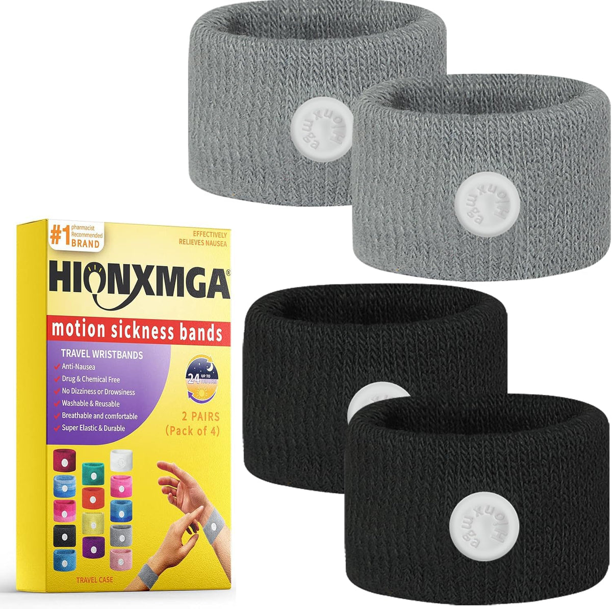 Bandes anti-nau­sée HIONXMGA en action sur le poignet pour le mal des transports.