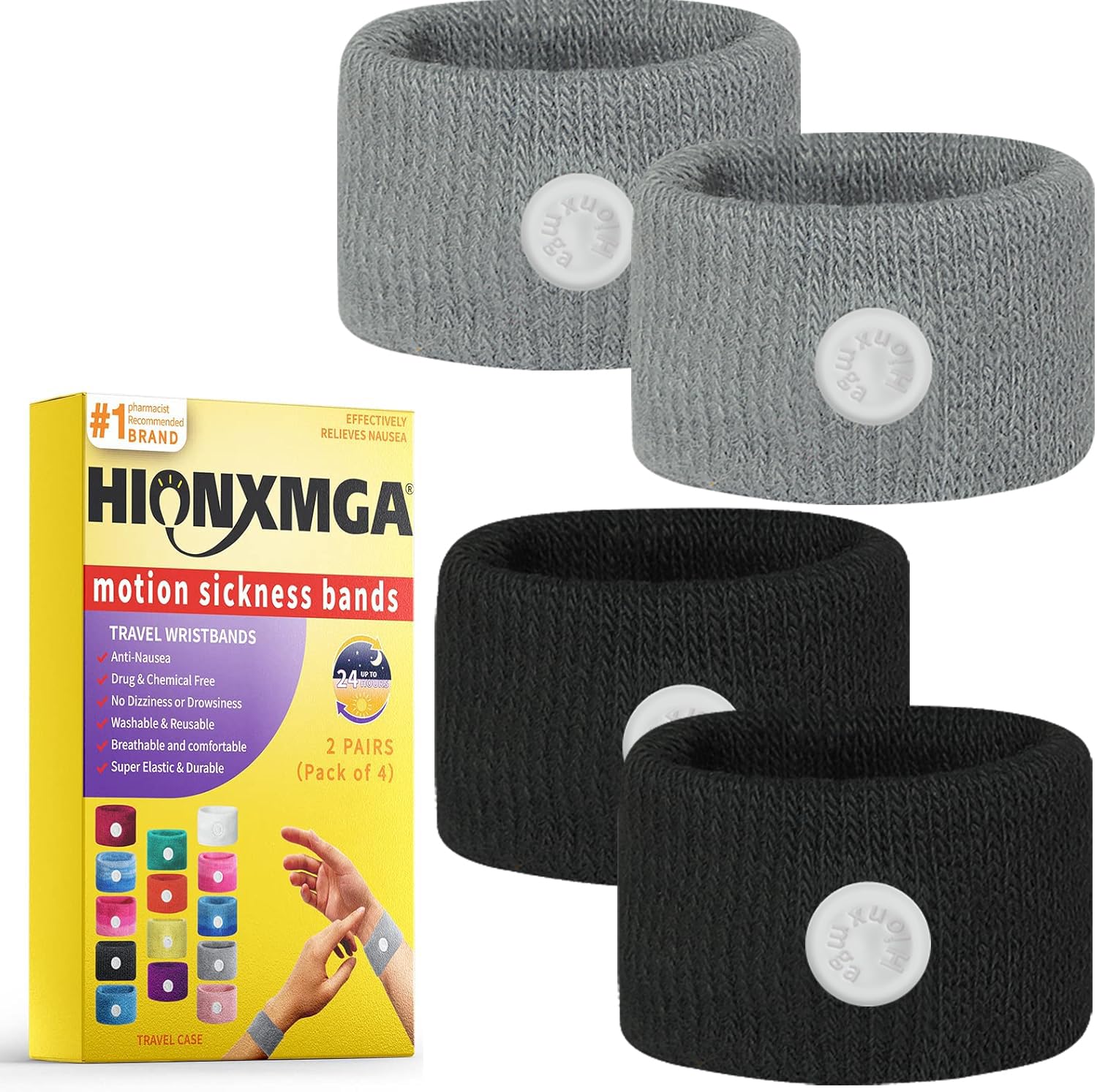 Bandes anti-nau­sée HIONXMGA en action sur le poignet pour le mal des transports.