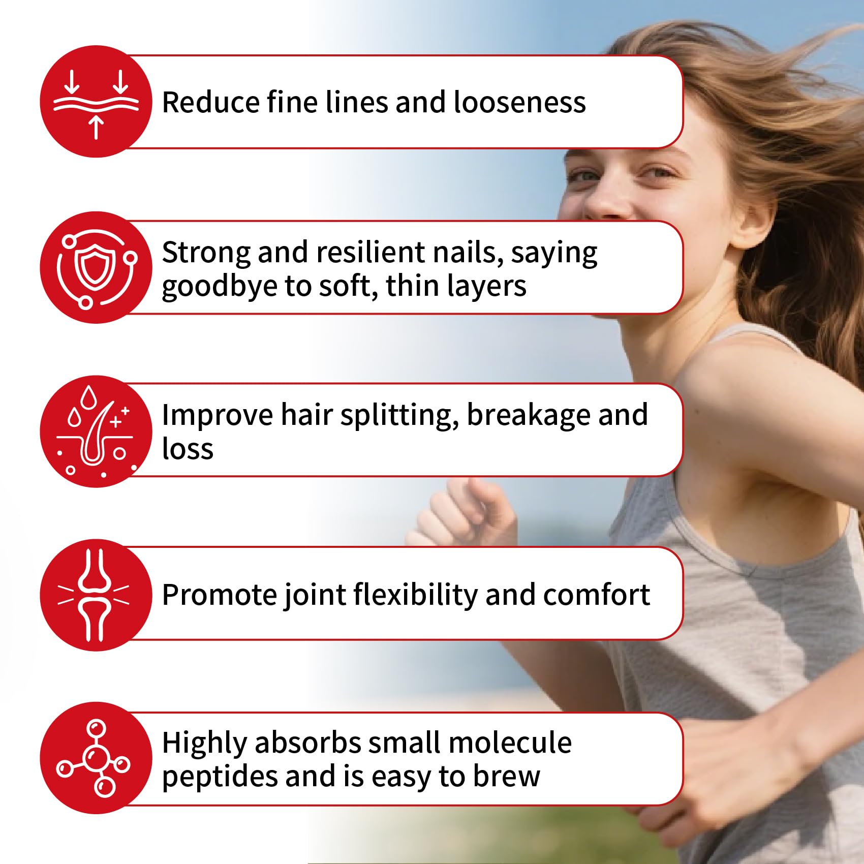 Biotine 5500µg par portion pour cheveux et ongles plus forts.
