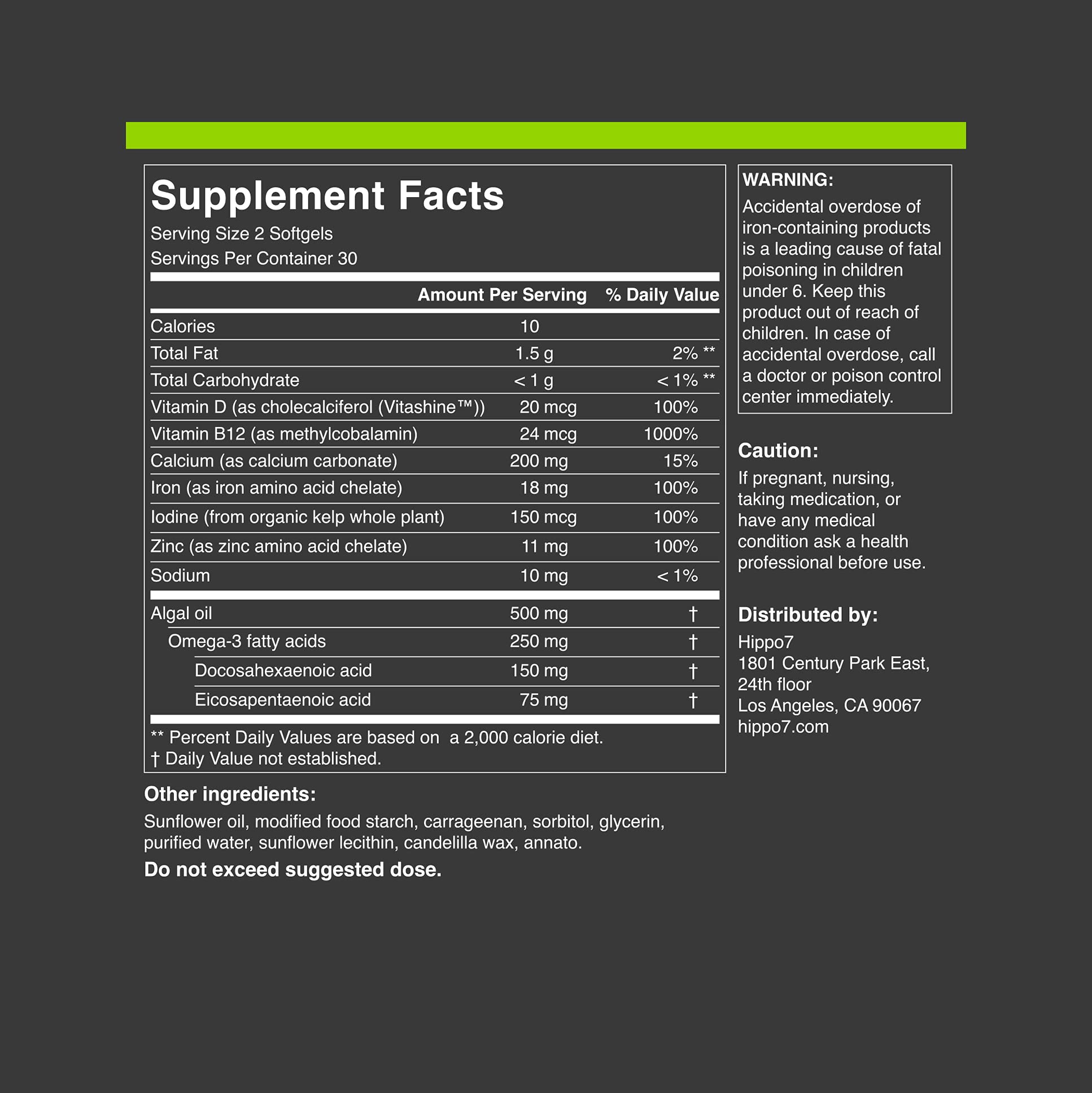 Hippo7 Multivitamine véganne—bouteille ouverte montrant des gélules faciles à prendre.
