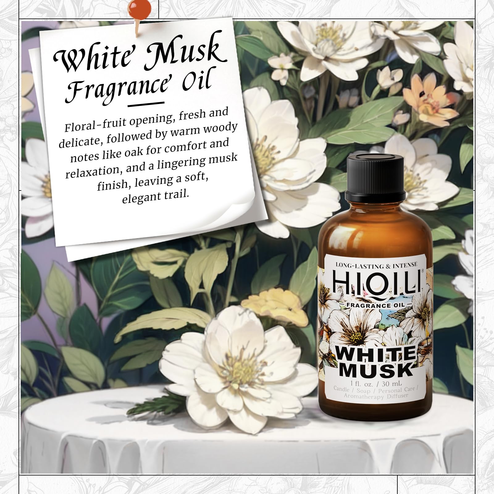 Bougie HIQILI au musc blanc diffuse une senteur chaleureuse.