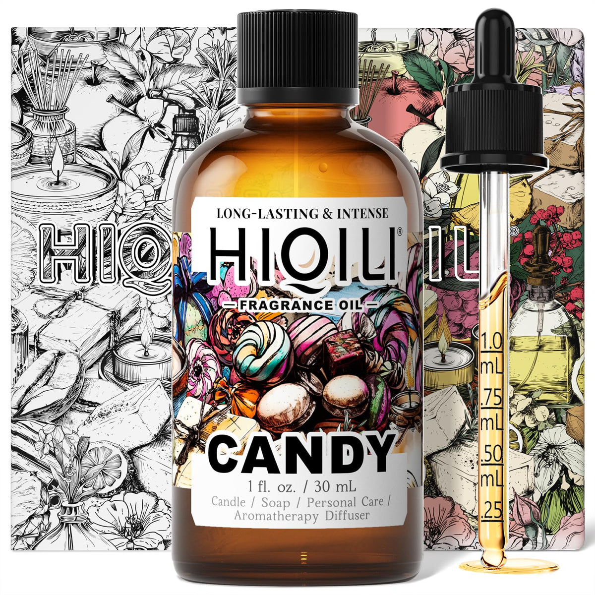 HIQILI Candy Fragrance Oil : bouteille 1 oz prête à diffuser durablement.