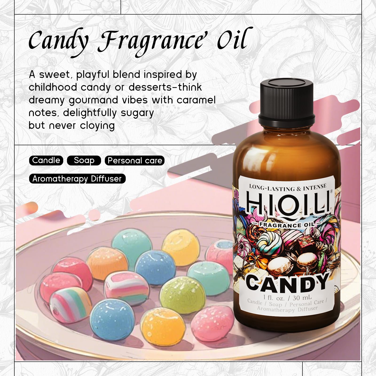 HIQILI Candy Fragrance Oil et diffuseur domestique pour ambiance douce.