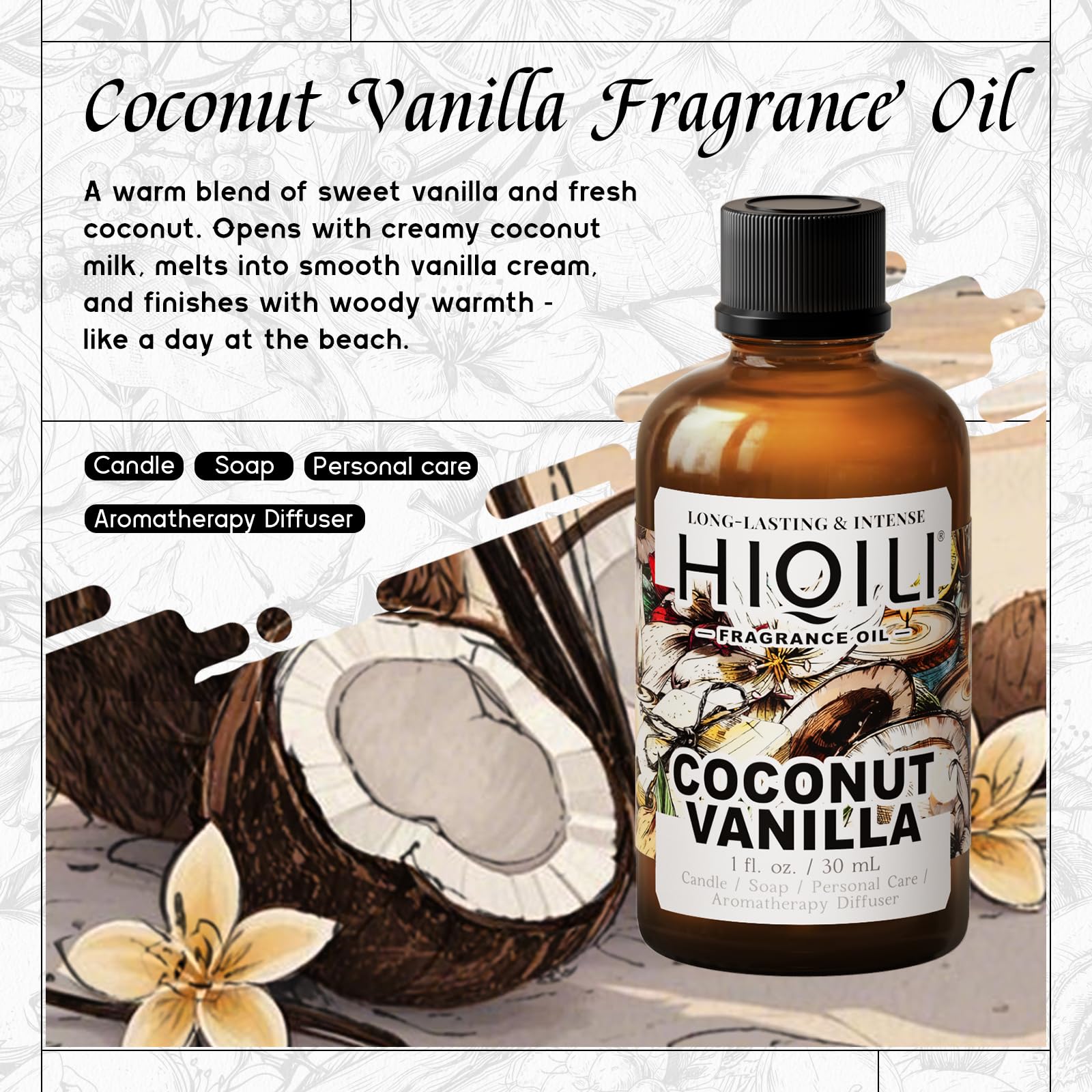 HIQILI Diffuseur Coco Vanille pour ambiance chaleureuse à la maison et en voiture.
