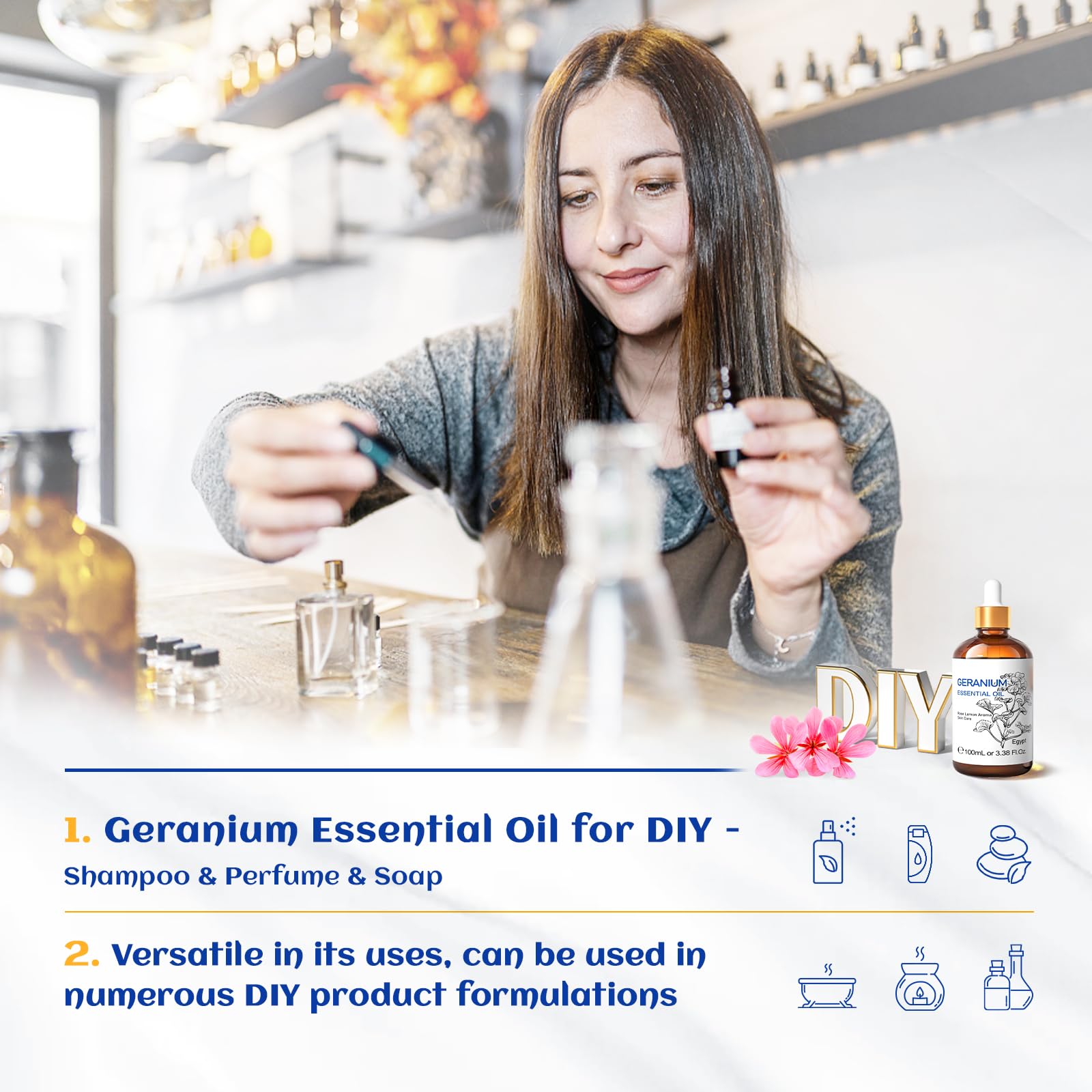 HIQILI Géranium - diffuseur apaisant, fragrance florale et haute pureté.