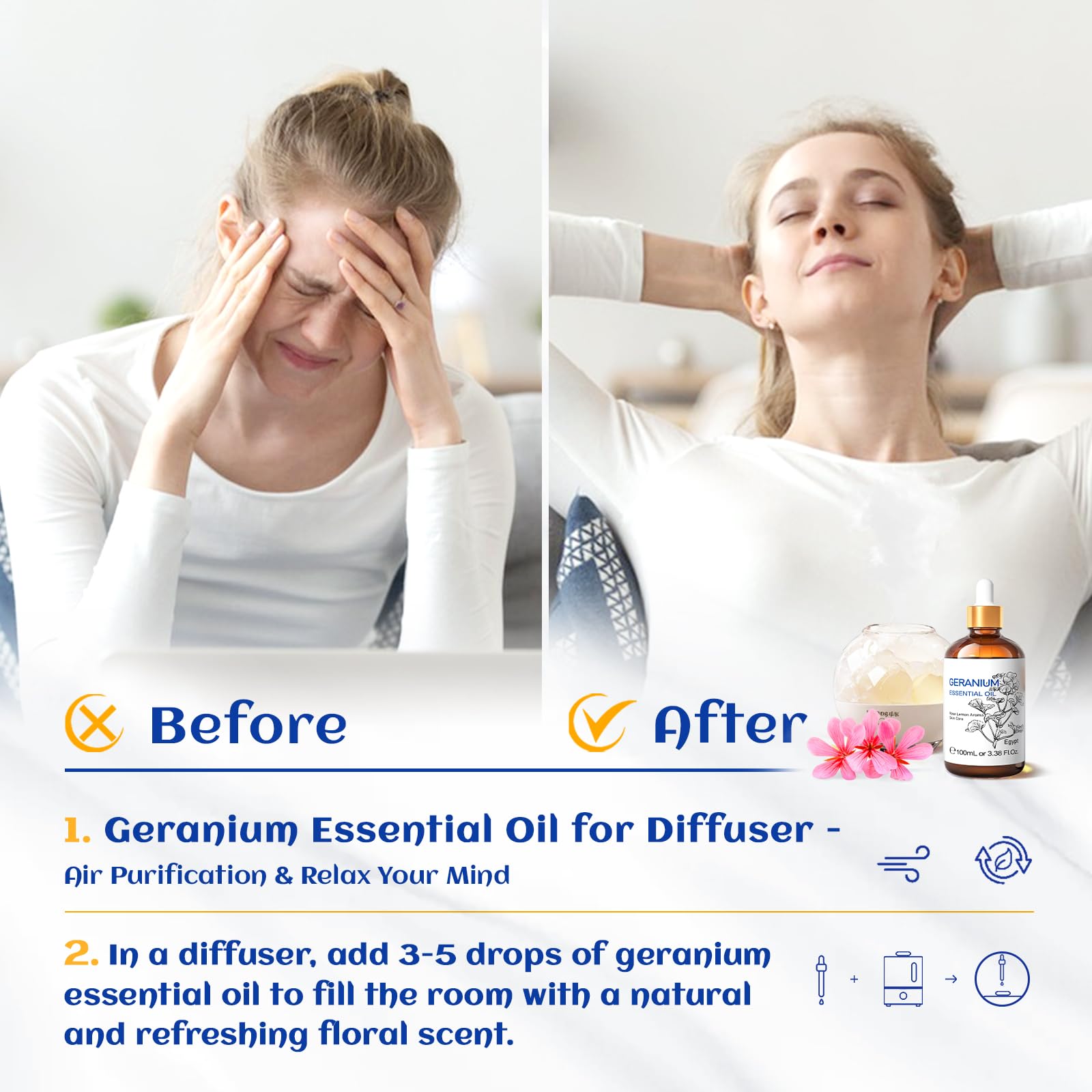 HIQILI Géranium - flacon clair, huile naturelle pour diffuseur et parfumer des pièces.