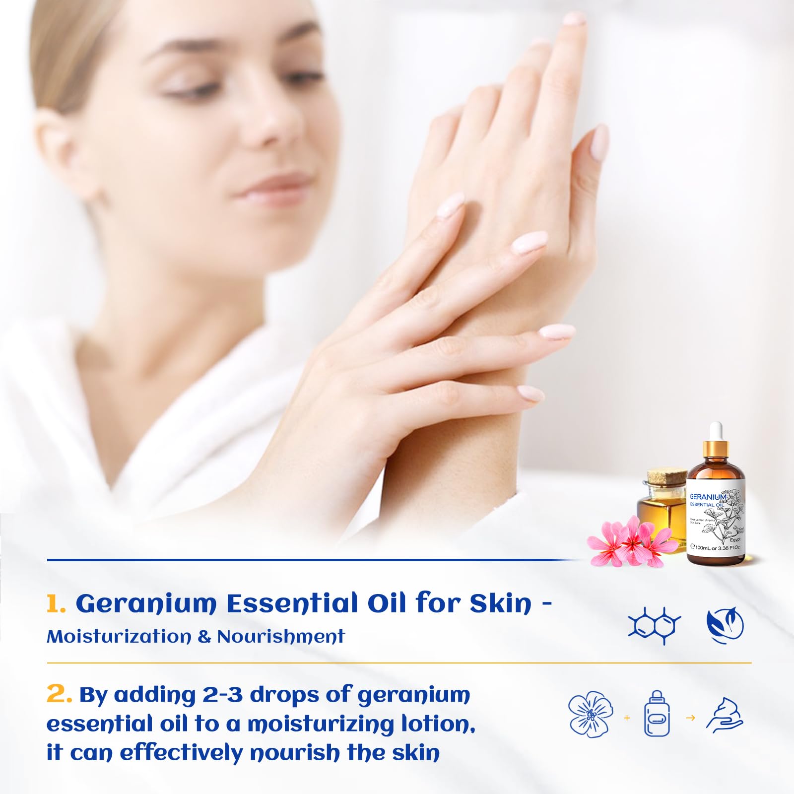 HIQILI Géranium - bouchon élégant, texture fluide pour soins de la peau.