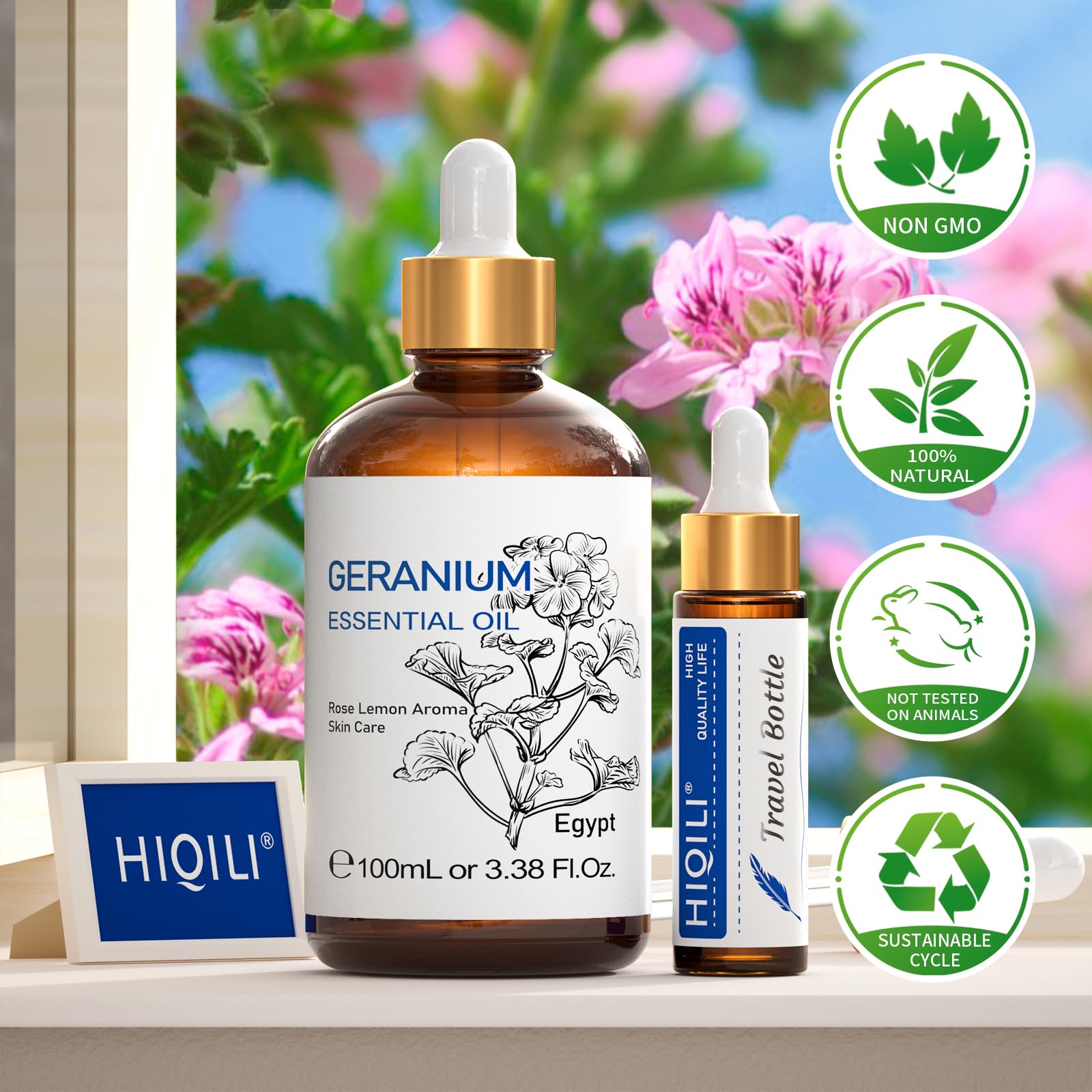 HIQILI Géranium - flacon recyclable, usage durable pour ambiance nature.