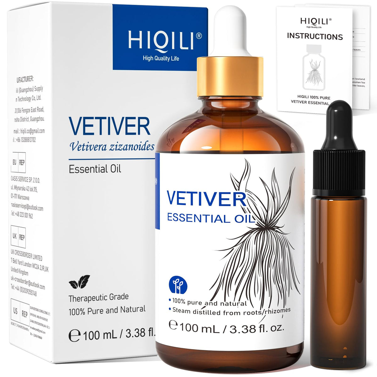 HIQILI huile essentielle Vetiver, flacon 100 ml, pour diffusion apaisante et ambiance naturelle.