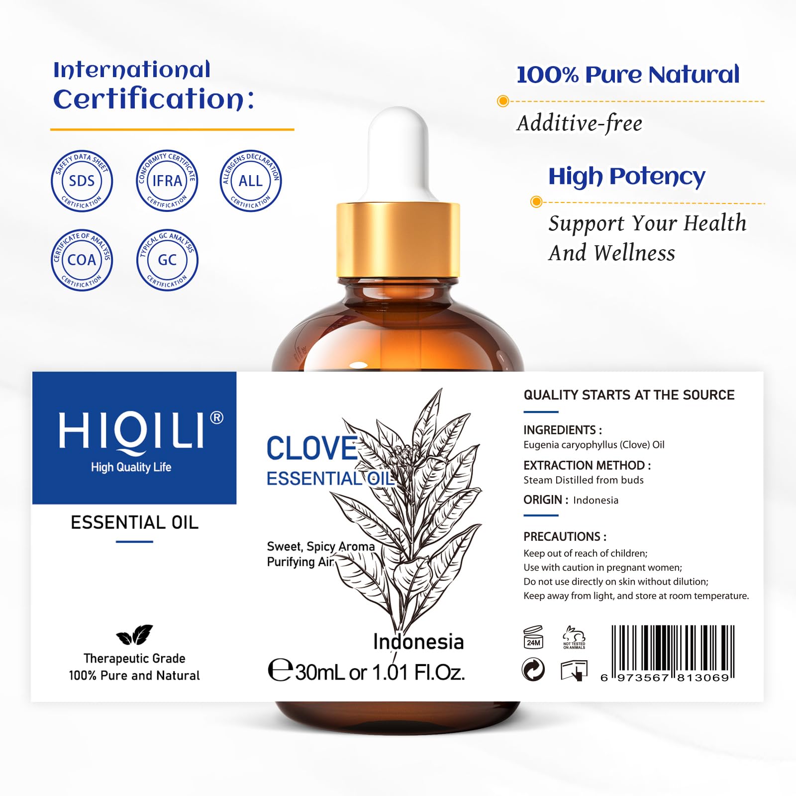 HIQILI huile girofle usage maison, parfum apaisant et polyvalent.