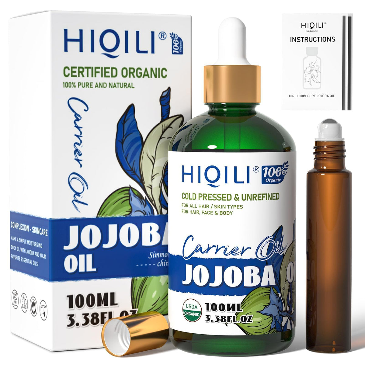 HIQILI huile de jojoba bio en bouteille de 100 ml pour hydrater les cheveux.