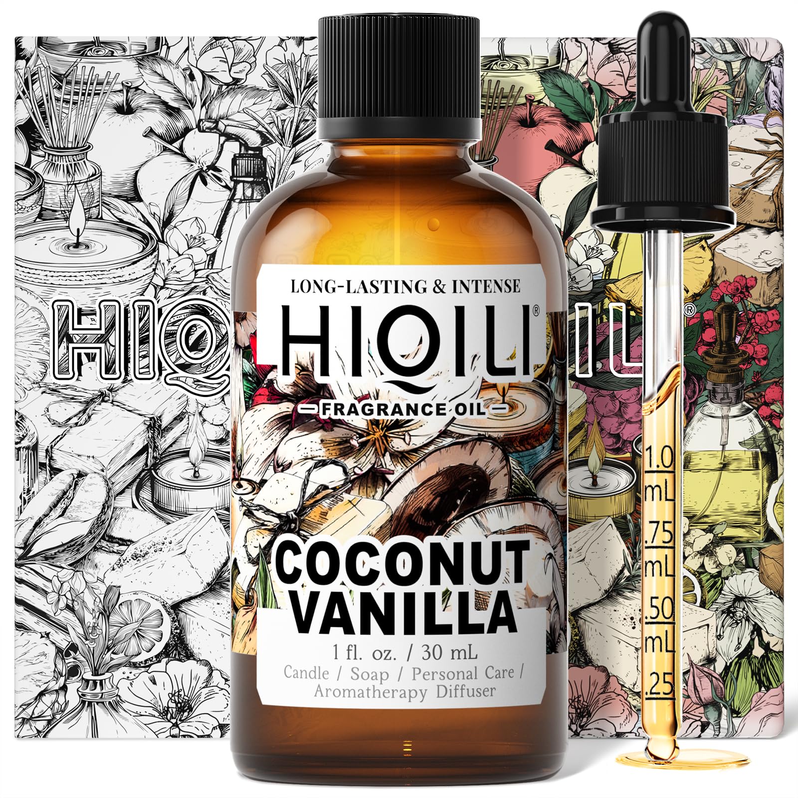 HIQILI Huile parfum Coco Vanille dans bouteille, parfum durable pour bougies et savons.