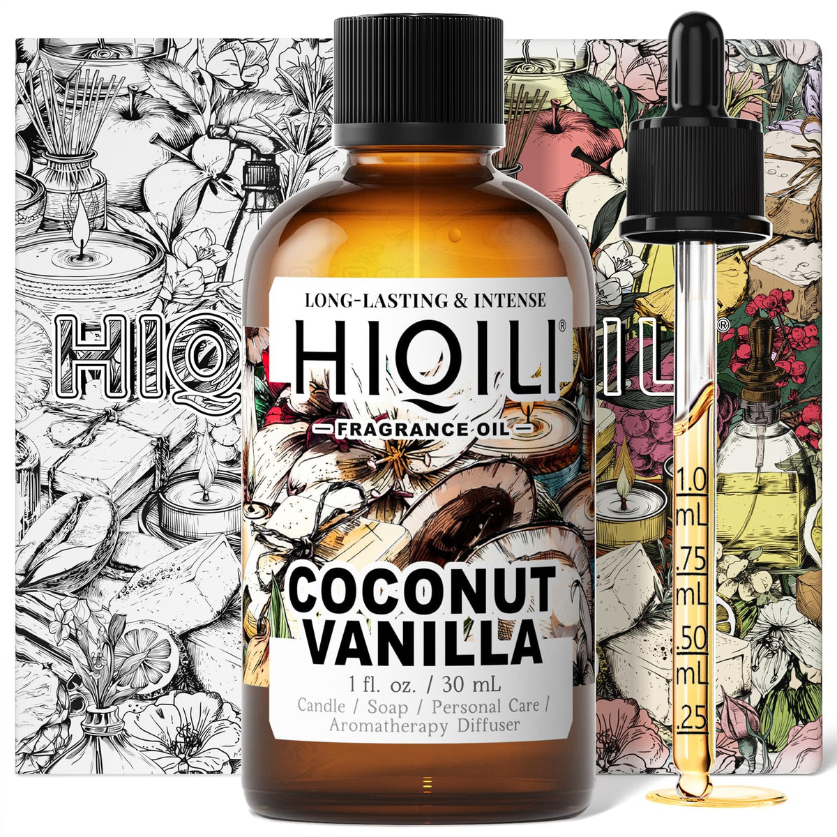 HIQILI Huile parfum Coco Vanille dans bouteille, parfum durable pour bougies et savons.
