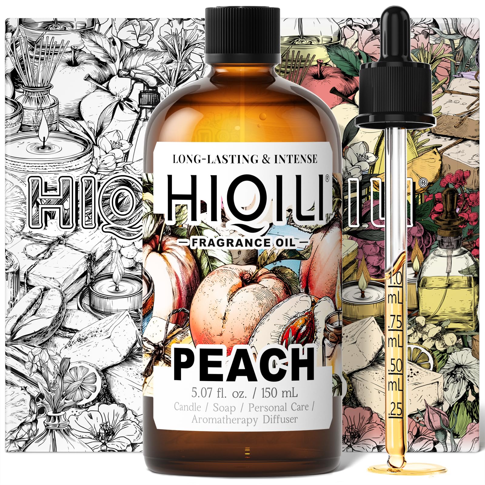 HIQILI huile pêche — bouteille, diffusion rapide du parfum fruité.